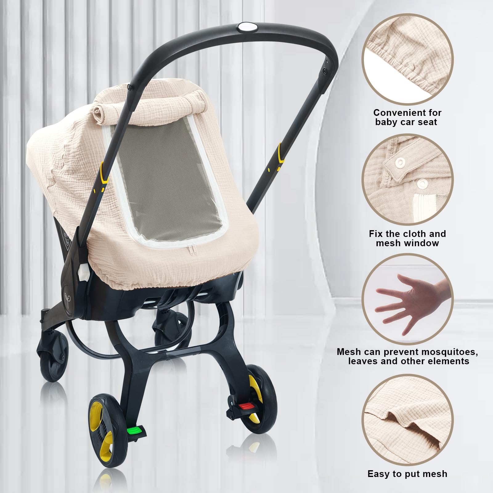 3 Layer Muslin Baby Car Seat Cover with Mesh Peek Window - Breathable Infant Car Seat Canopy for Winter - Windproof & Sun Protective Carrier Cover for Stroller - Perfect for Newborns, Travel & Outdoor Protection