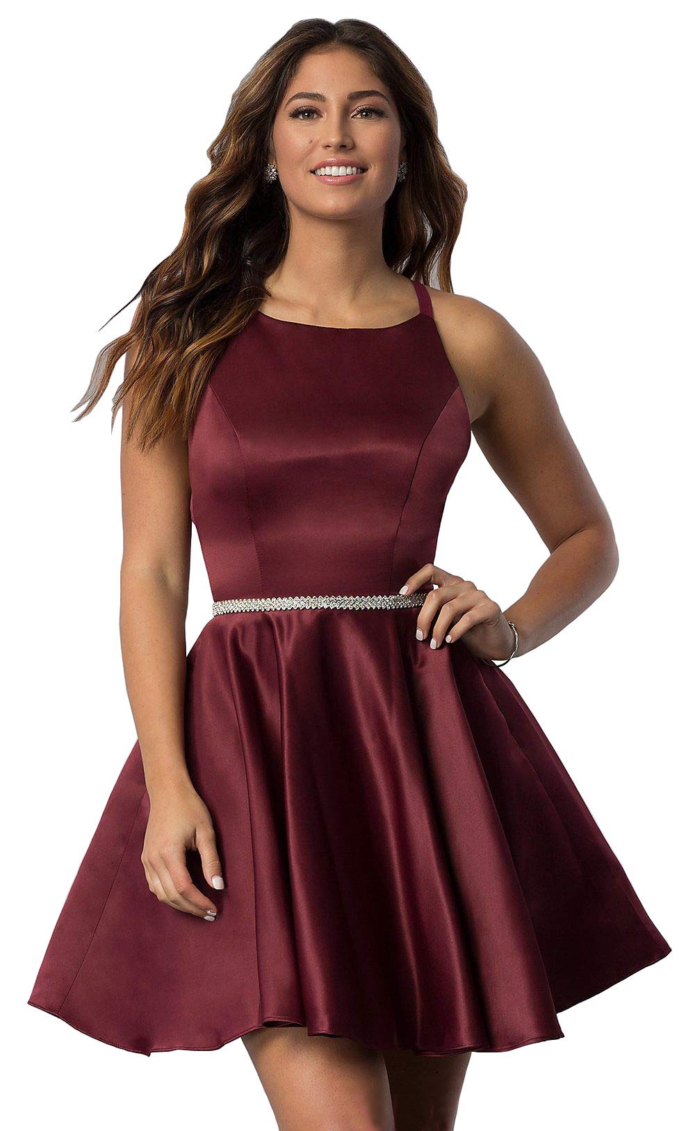POMUYOO Women's Elegant Scoop Neck Beaded Satin Prom Dress - Short Homecoming Party Dress with Pockets | Perfect for Prom, Homecoming, Cocktail Parties & Special Occasions