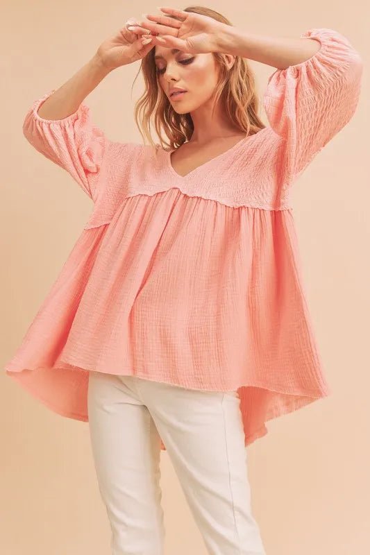 Aemi + Co Women's High Low Frayed Hem V Neck Blouse - Trendy Casual & Office Wear Top for Everyday Style