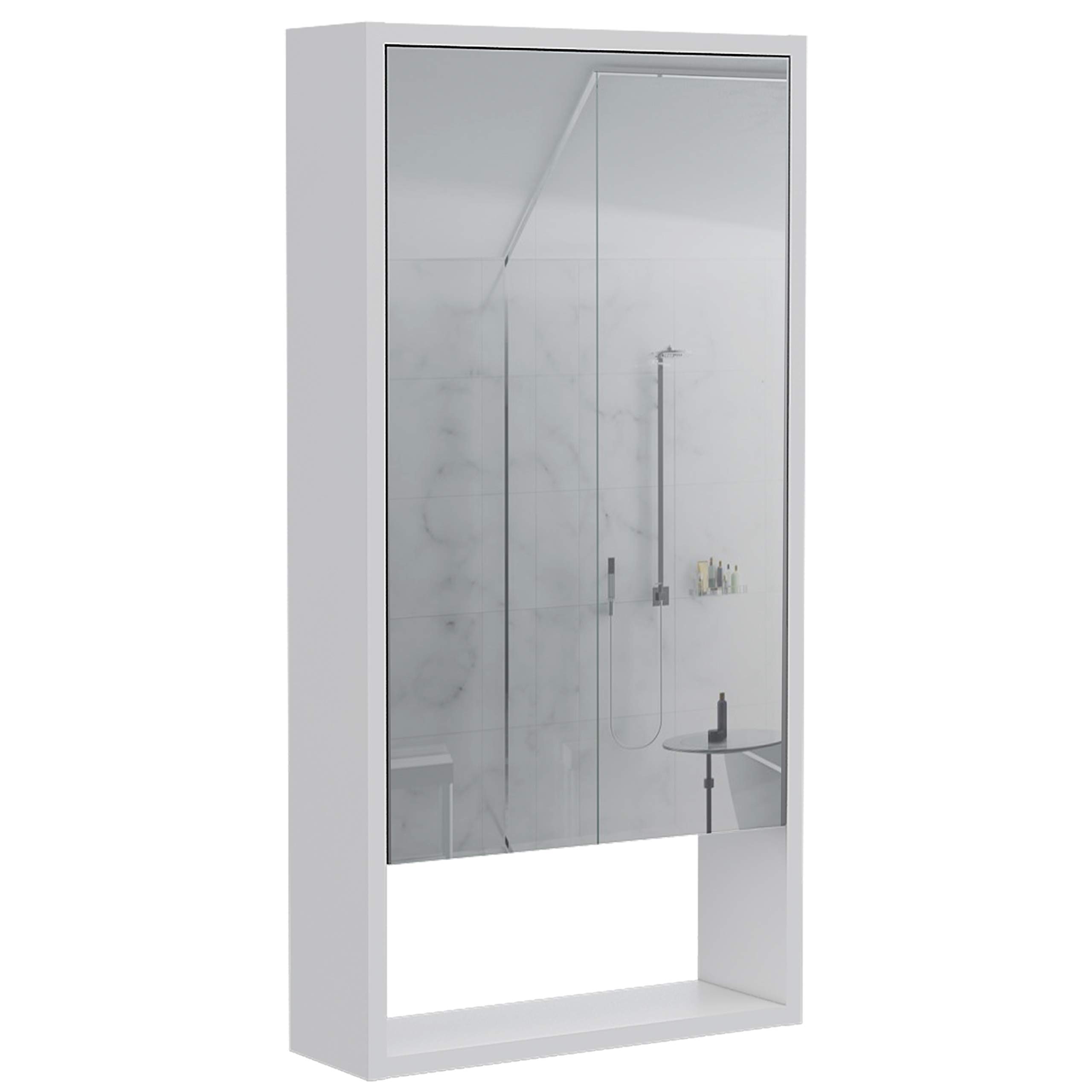 White Modern Medicine Cabinet with Open Shelf & Mirrored Door - 2 Interior Shelves for Bathroom Storage - Perfect for Small Bathrooms, Vanities & Apartment Living