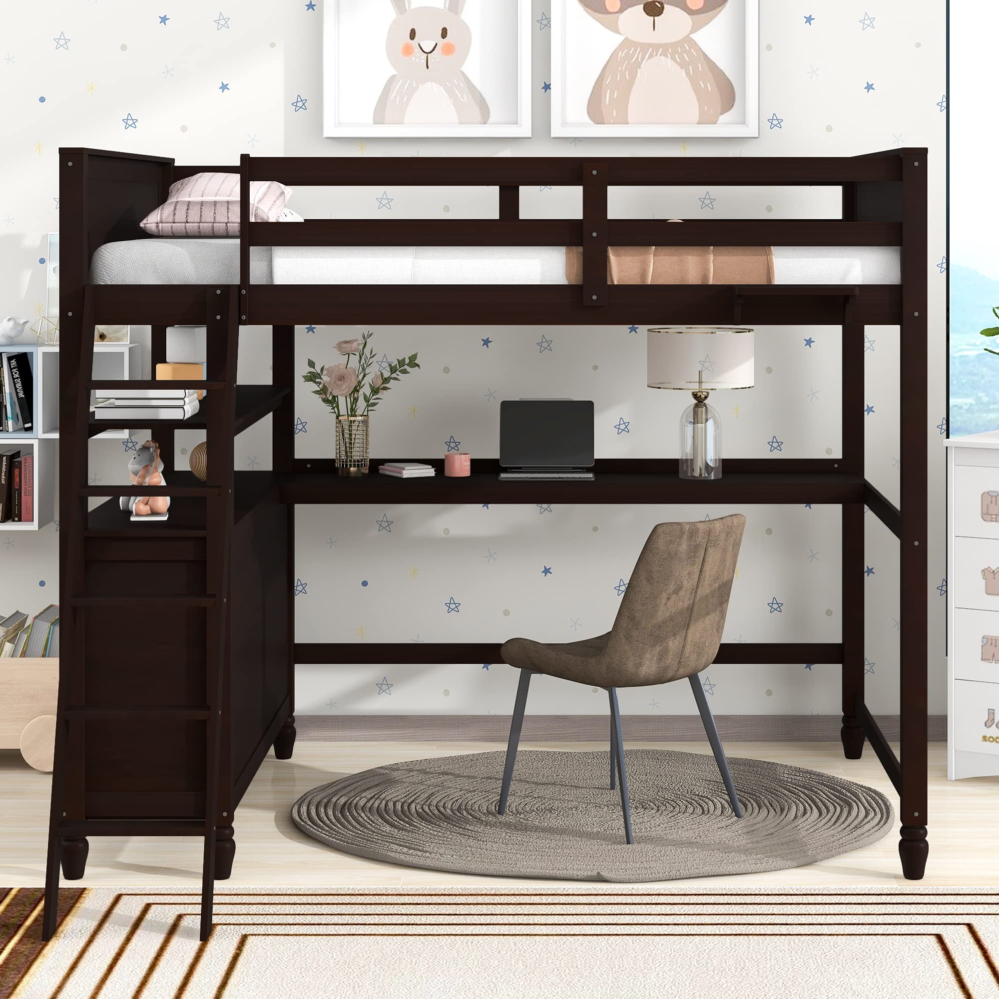 Full Loft Bed with Desk & Storage - Wooden Twin Loft Bed with 6 Drawers & Shelves for Kids, Teens, College Dorm - Space-Saving Study & Sleep Solution (Espresso) - Perfect for Small Bedrooms & Studio Apartments