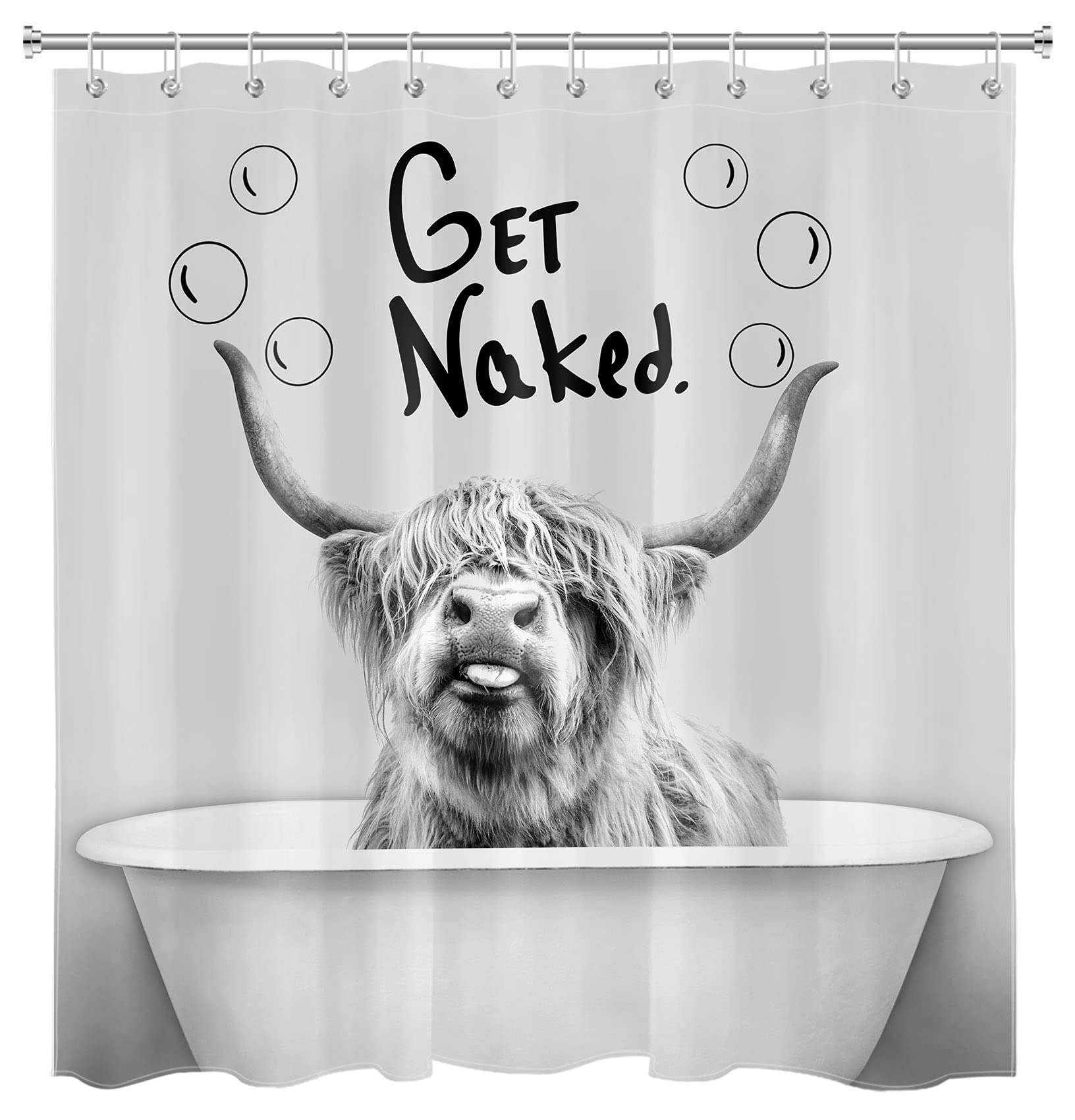 Funny Highland Cow Shower Curtain - Farmhouse Animal Bathroom Decor with Bubbles in Bathtub Design, 69x70 Inch Waterproof Fabric with 12 Hooks - Perfect for Farmhouse, Rustic, or Whimsical Bathroom Themes
