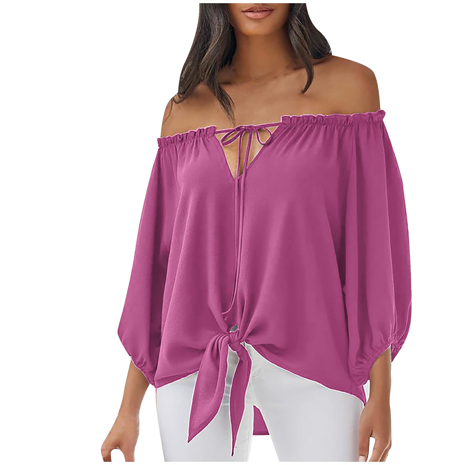 Elegant Women's Work Tops - Sexy Off Shoulder Long Sleeve V-Neck Blouse with Ruffle Bow Tie for Summer | Office Wear & Casual Outfits