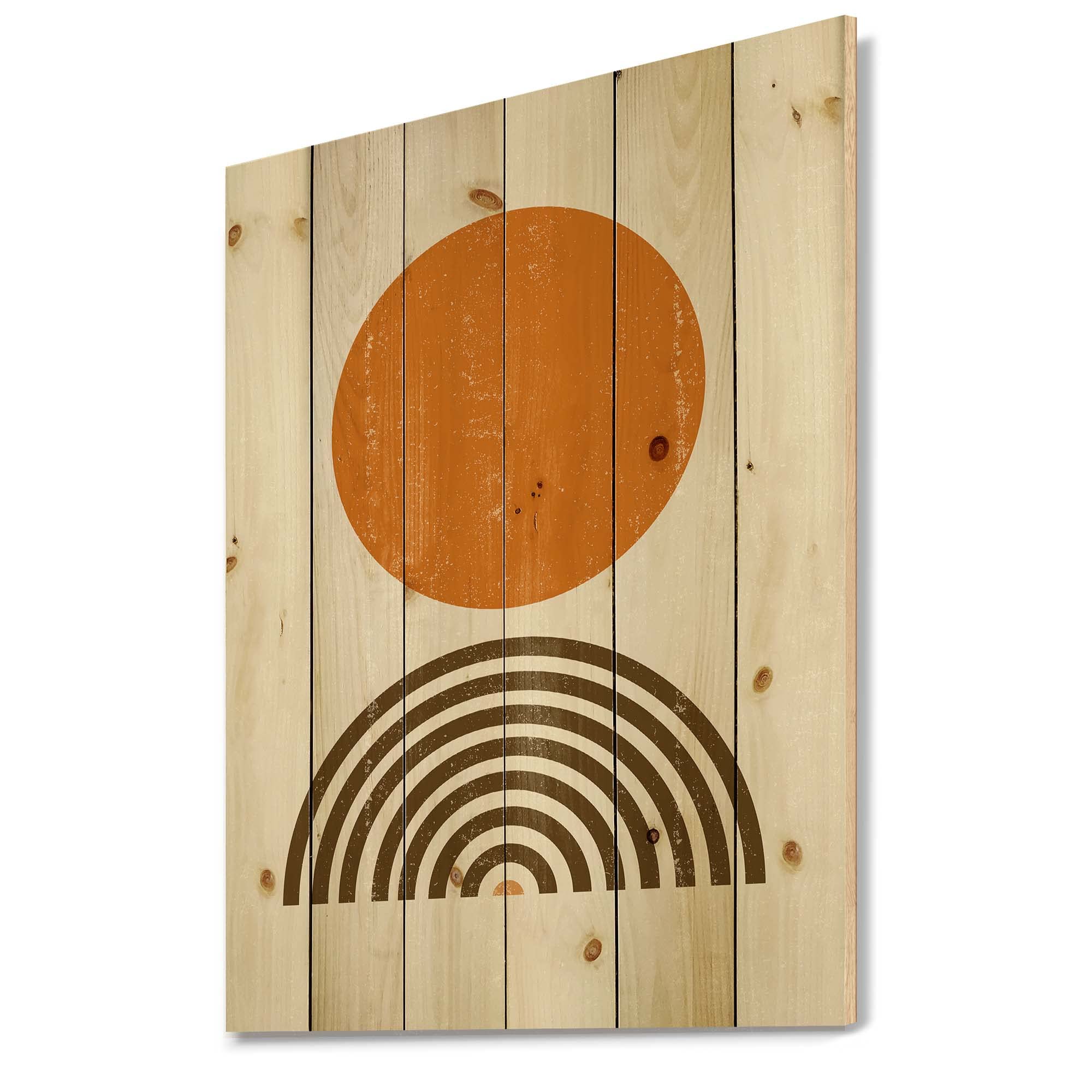 Abstract Minimal Orange Sun and Rainbow Wood Wall Art - Modern Contemporary Geometric Wall Decor Printed on Natural Pine - Perfect for Living Room, Bedroom, or Office Decor