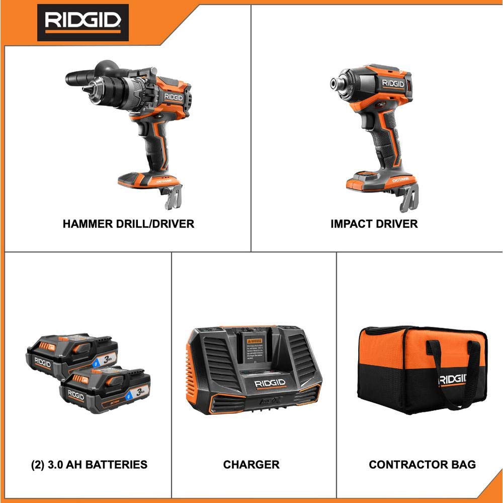 RIDGID 18V OCTANE Brushless Cordless Combo Kit with Hammer Drill, Impact Driver, 2 x 3.0Ah Batteries & Charger - Professional Power Tool Set for Construction, Woodworking & DIY Home Projects