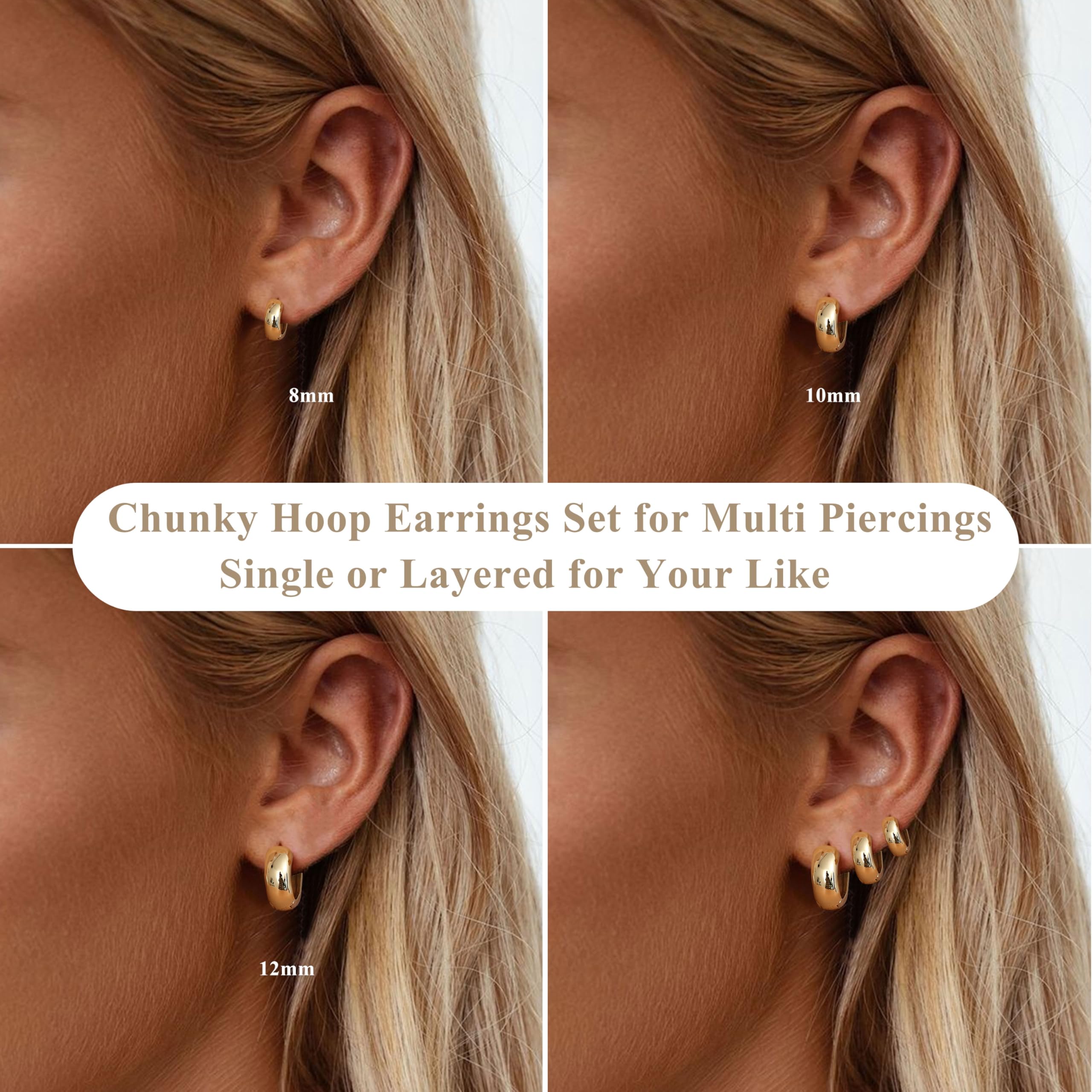 Chunky Gold Hoop Earrings for Women - 14K Gold Plated Hypoallergenic Huggie Hoops Set for Sensitive Ears | Thick Stackable Hoop Earrings for Everyday Wear, Parties & Gifts