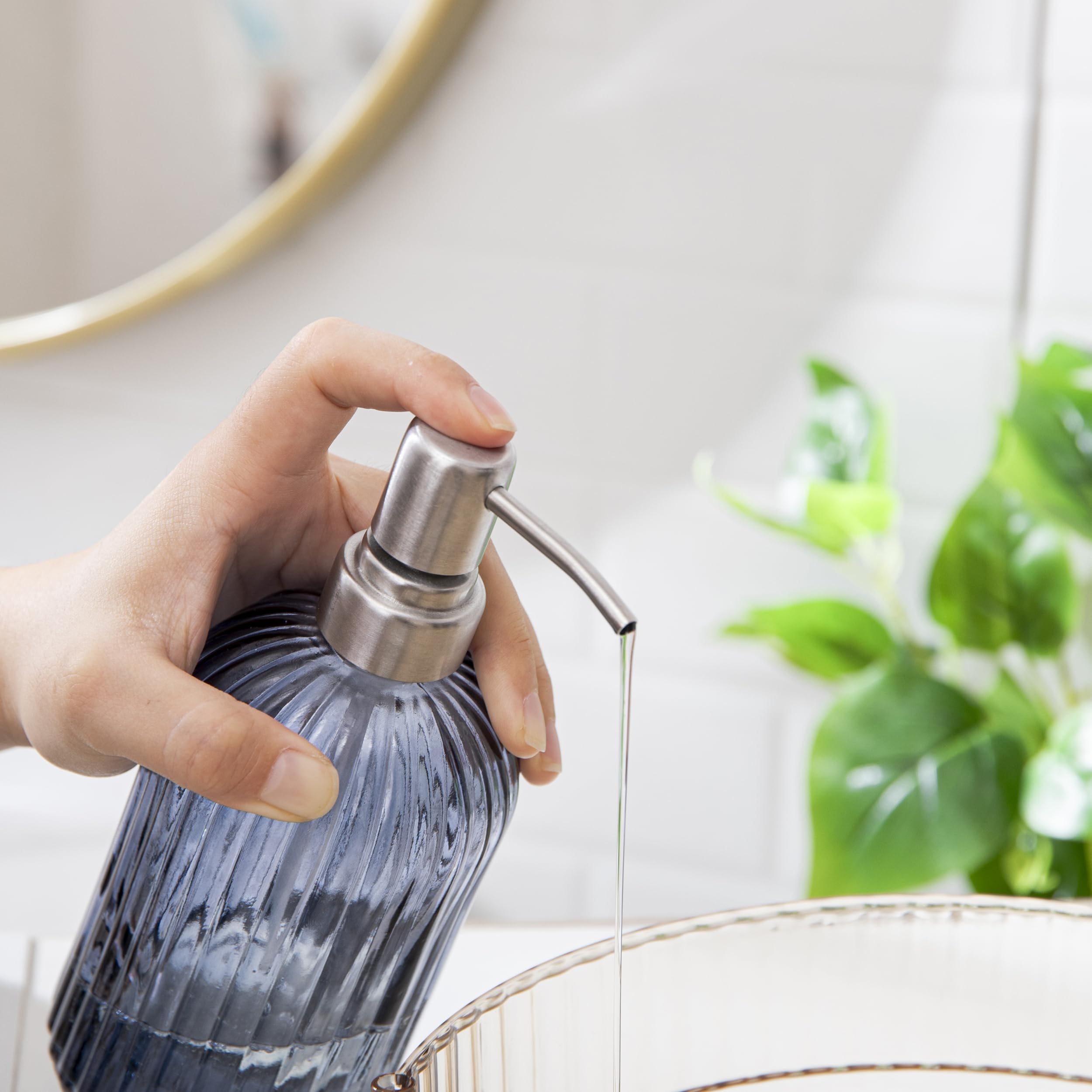 16 Oz Glass Soap Dispenser with 304 Stainless Steel Pump - Refillable Liquid Hand Soap Dispenser for Kitchen, Bathroom, Farmhouse Decor - Elegant Blue Grey Vertical Grain Design - Perfect for Home, Office, and Restaurant Use