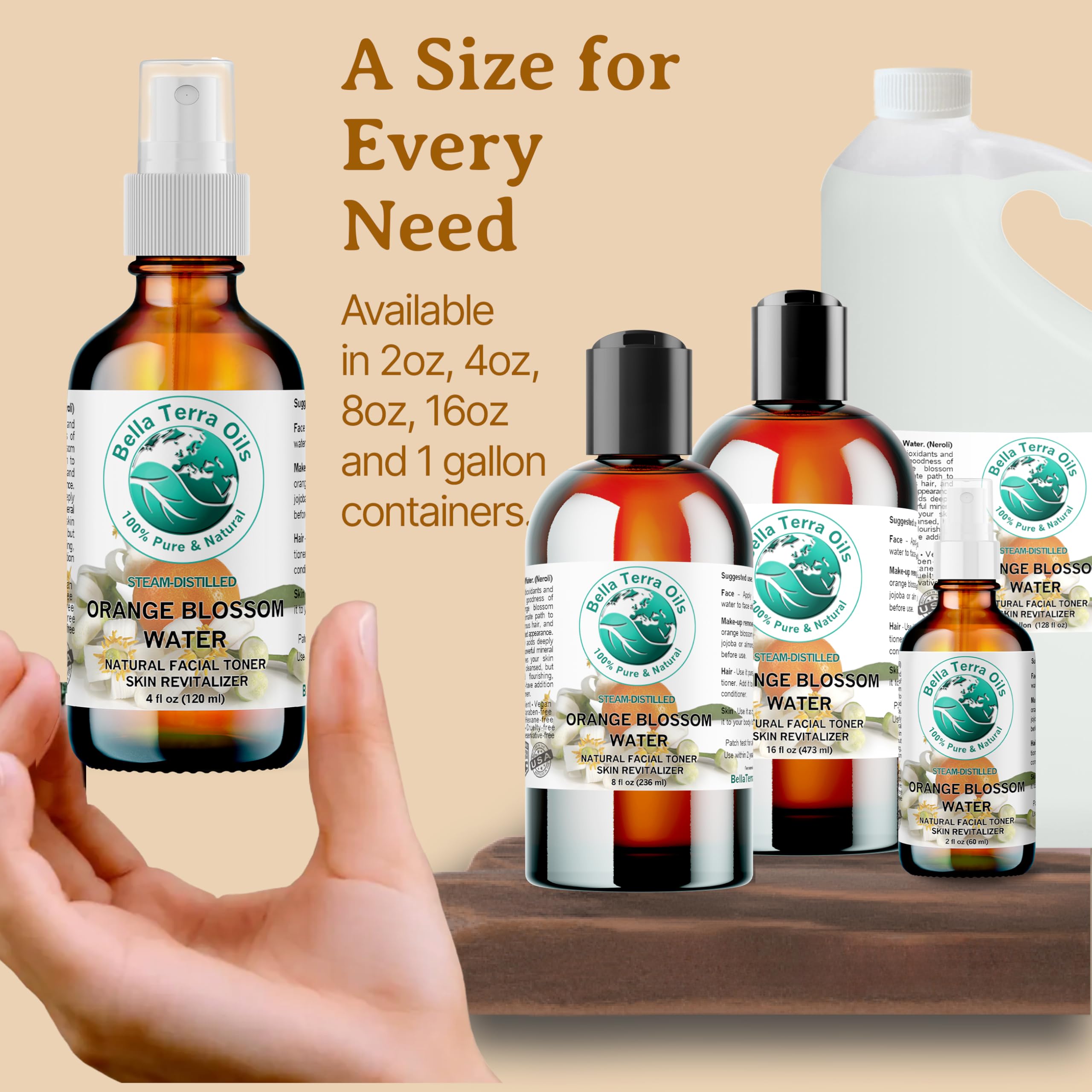 Bella Terra Oils Orange Blossom Water (Neroli Hydrosol) - 1 Gallon Natural Skin Refresher for Radiant Glow, Pure Aromatherapy Hydrosol | Perfect for Facial Toner, DIY Skincare & Relaxing Baths