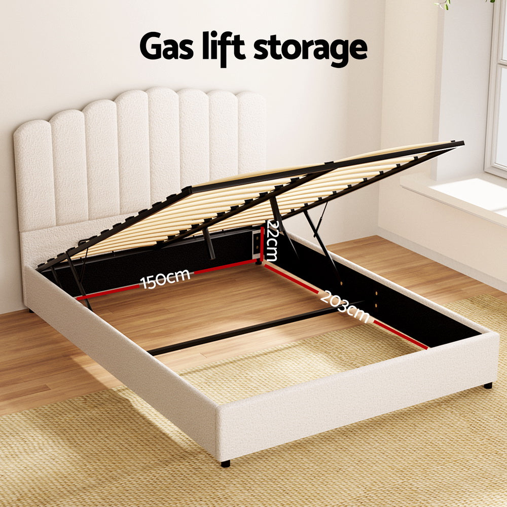 Fion Queen Boucle Upholstered Storage Bed in Cream White - Modern Platform Bed with Underbed Storage for Small Spaces, Bedroom Organization & Stylish Home Decor