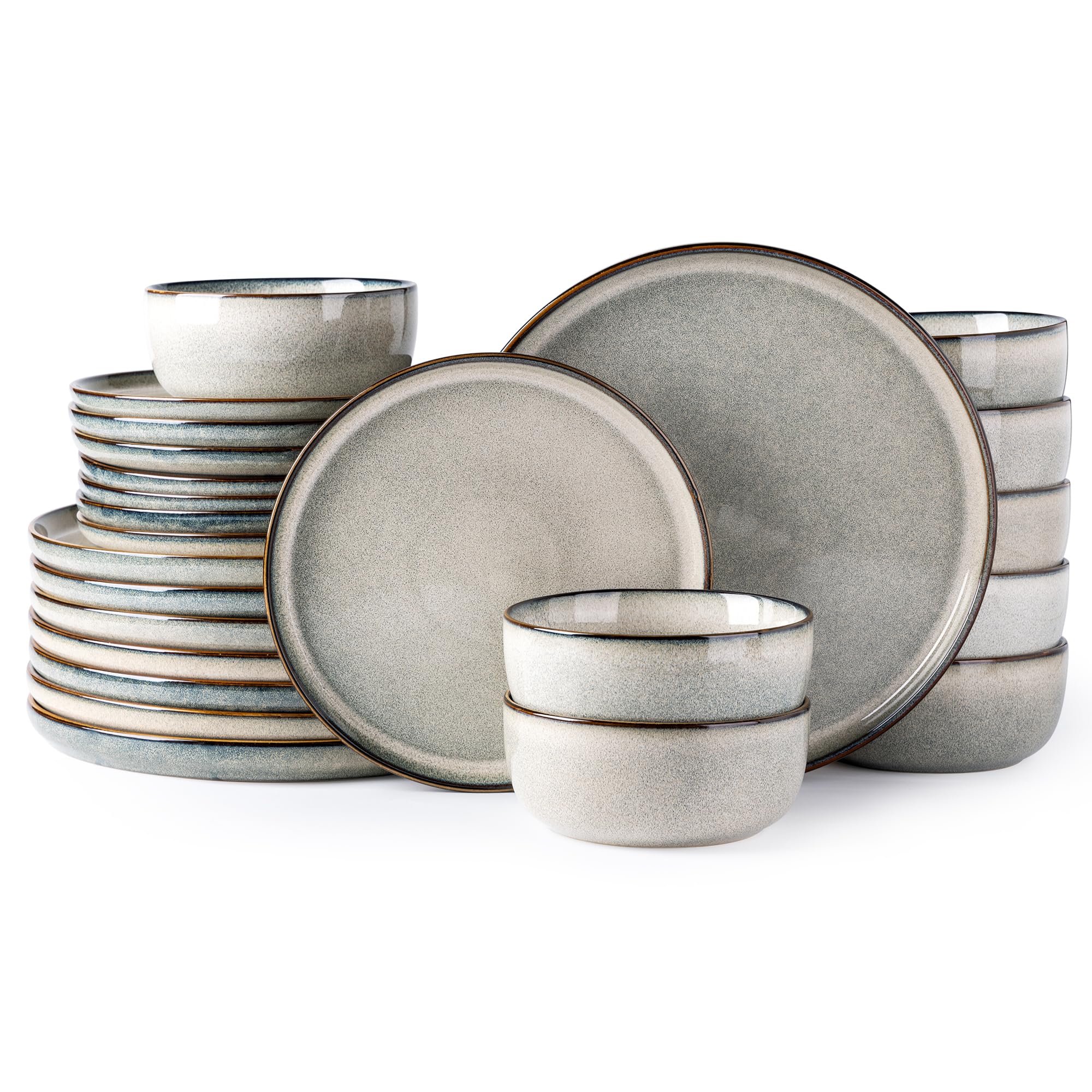 GBHOME 24-Piece Ceramic Dinnerware Set for 8, Stoneware Plates & Bowls Set - Scratch Resistant, Dishwasher & Microwave Safe, Reactive Glaze Green Wheat - Perfect for Family Dinners, Restaurants & Entertaining Guests