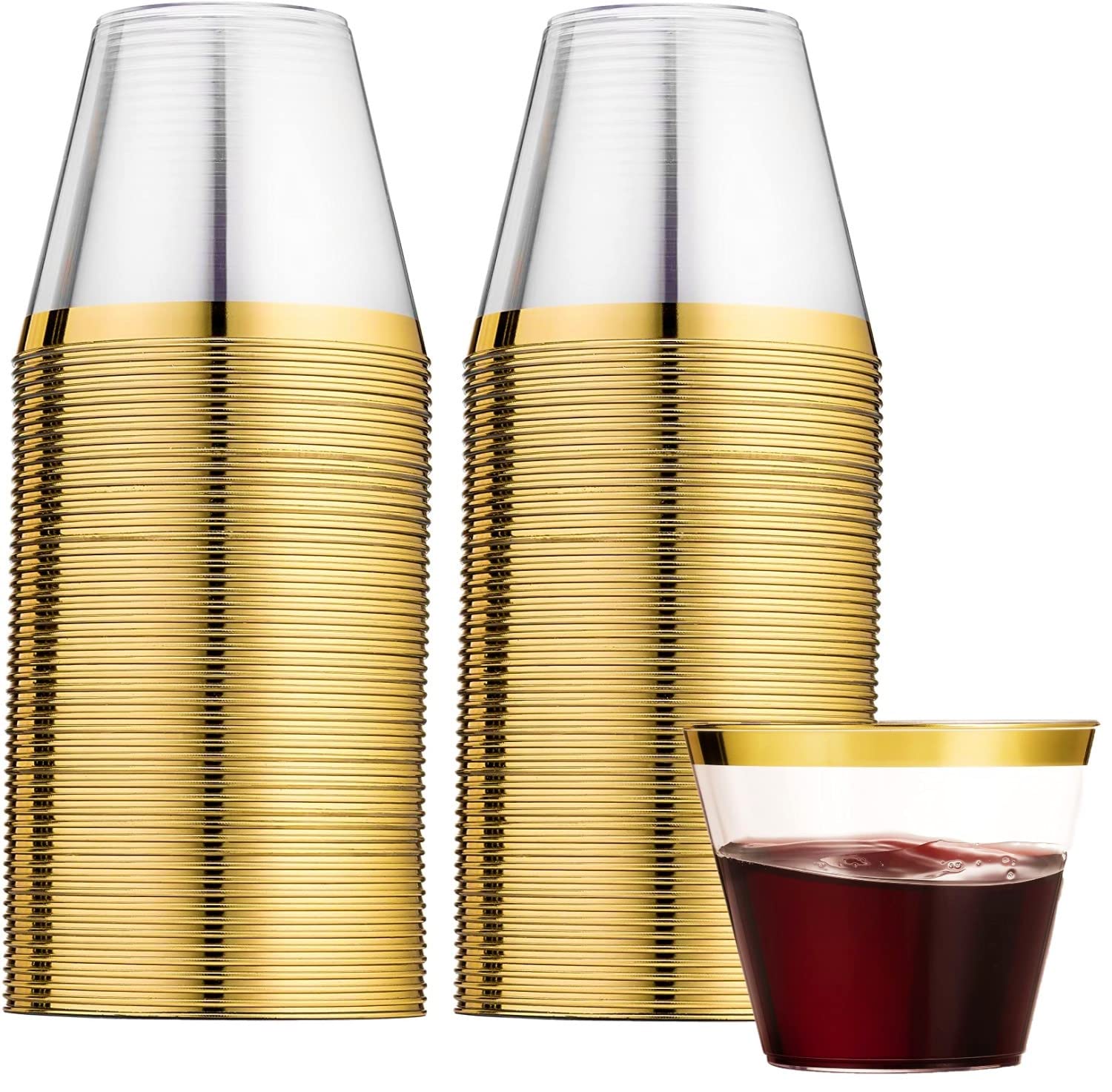 60-Pack Gold Rimmed Plastic Cups - 270ml Reusable Tumblers for Champagne, Beer, Cocktails & Soda | Elegant Party Drinkware for Weddings, BBQs, Picnics & Outdoor Events (8.9 x 7.1cm)
