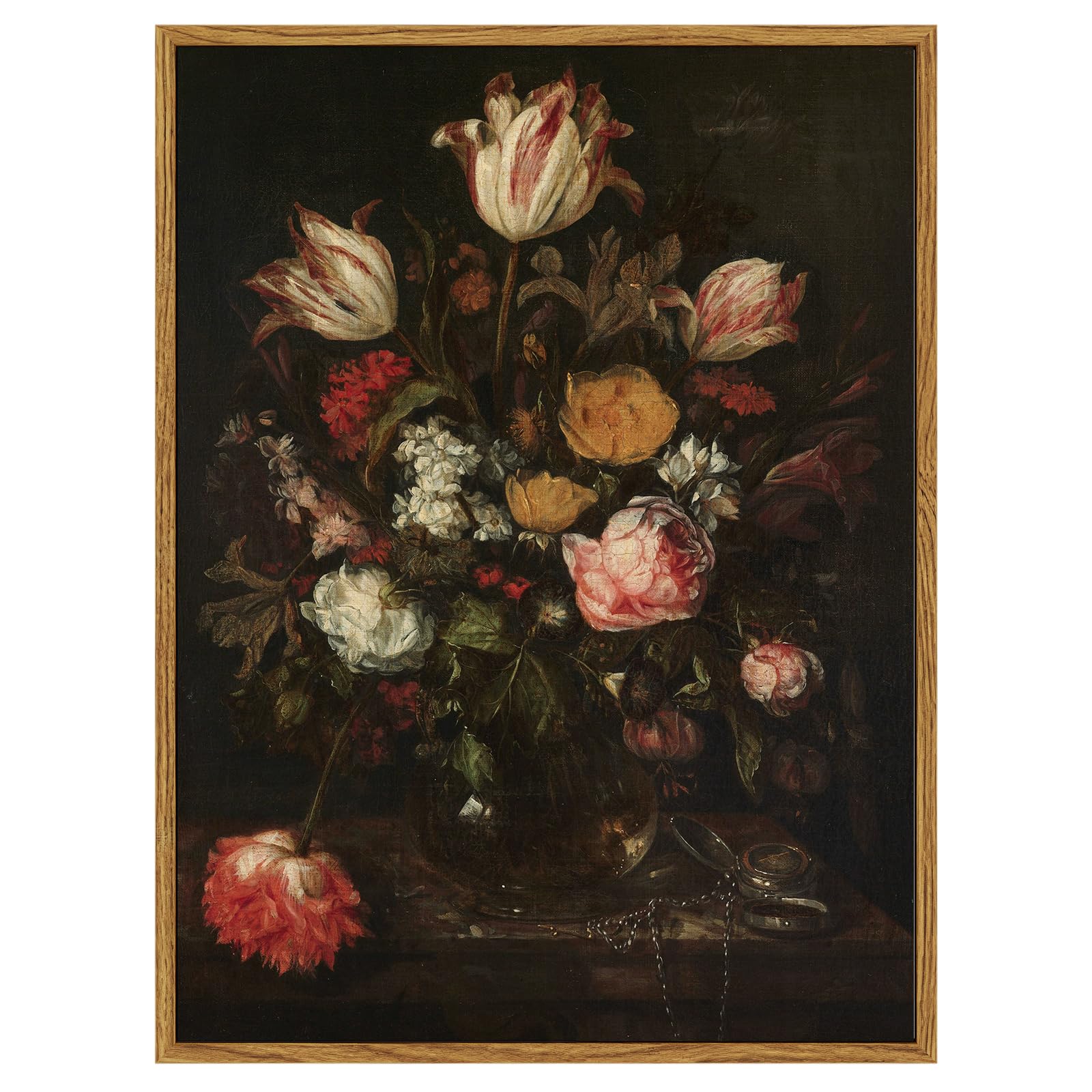 Vintage Floral Wall Art Decor - Framed Dark Flower Bouquet Canvas Print, 12x16 Inch - Farmhouse Moody Roses & Tulips Painting for Bathroom, Bedroom & Living Room Home Decoration