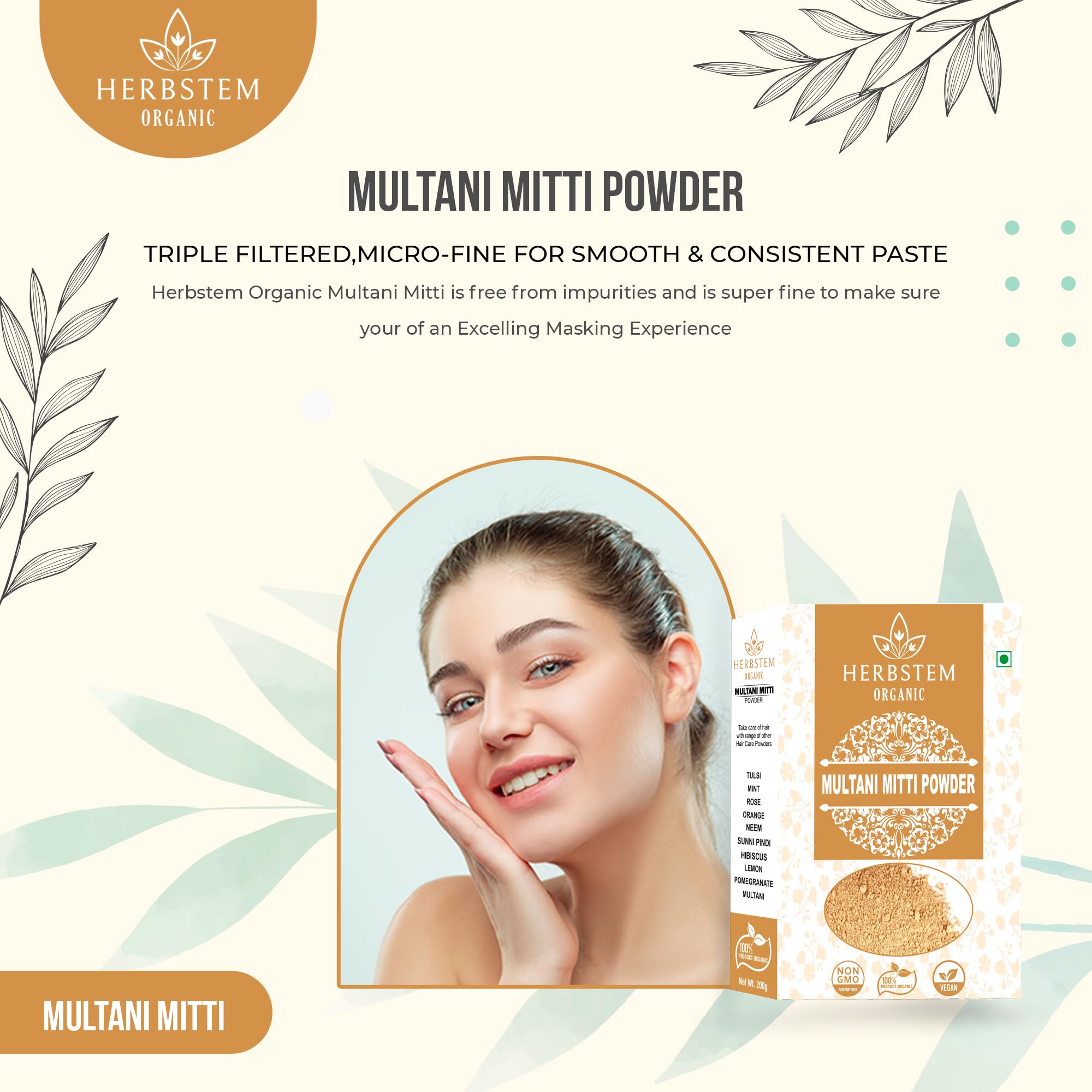 Herbstem 100% Natural Multani Mitti Powder - Fuller's Earth & Bentonite Clay for Face, Skin & Hair Care (200g) | Exfoliating, Soothing, Nourishing | DIY Masks, Spa Treatments, Acne Relief