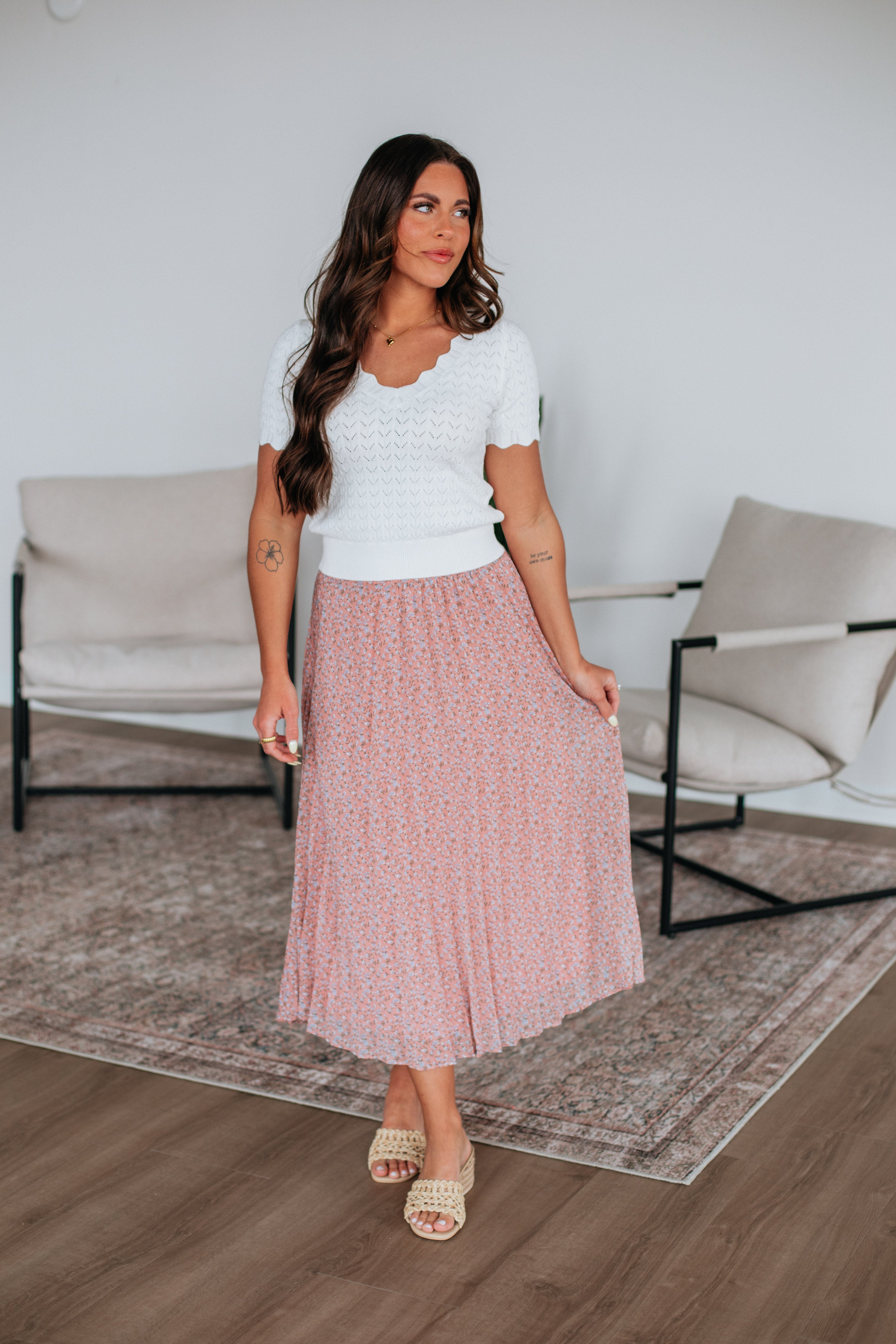 Ashie Pleated Floral Skirt for Women - Mauve Mix Print A-Line Midi Skirt | Perfect for Spring Summer Outfits, Date Nights & Office Wear