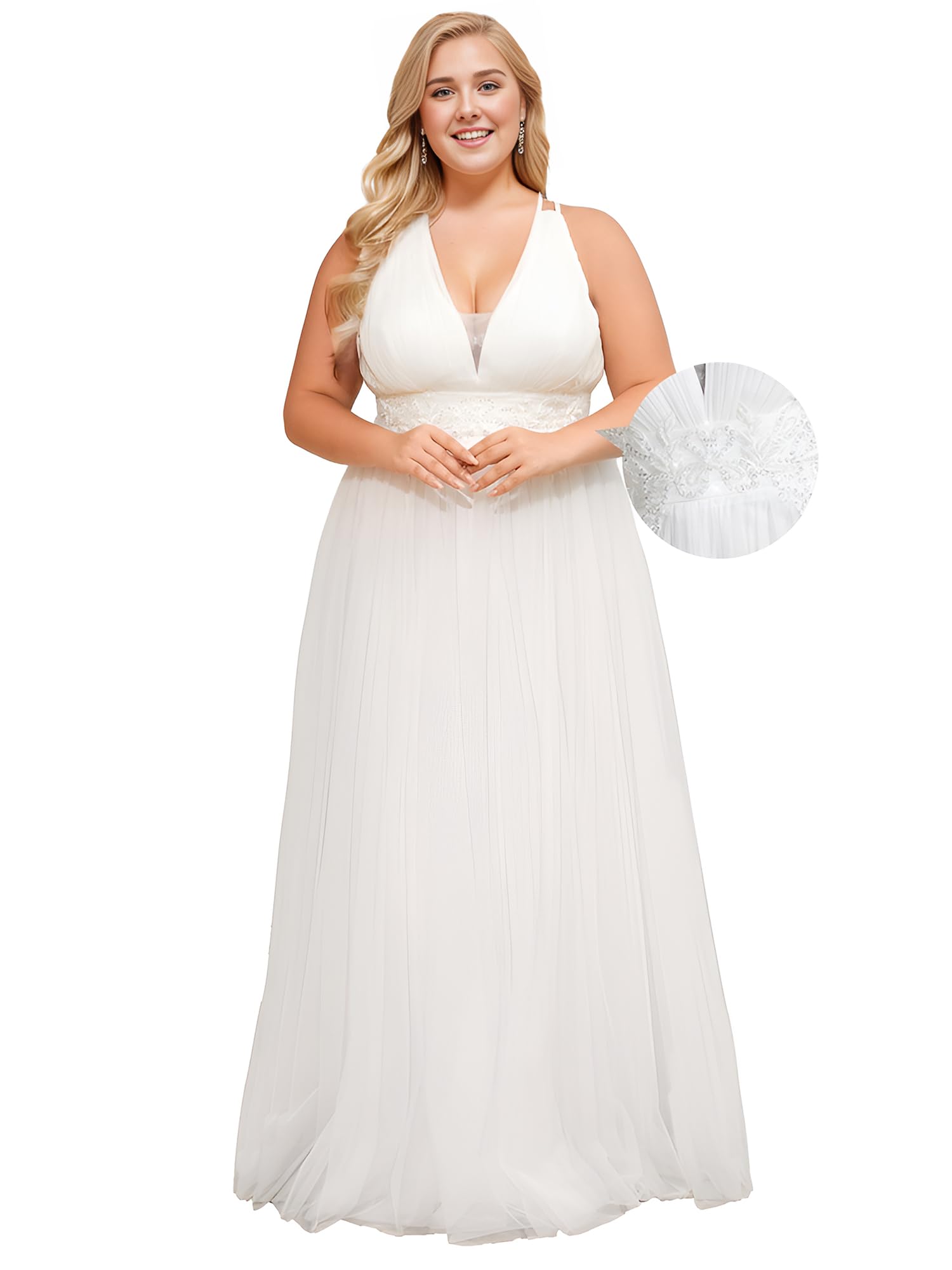 Ever-Pretty Plus Size Women's Summer V-Neck Sleeveless Applique Pleated A-Line Maxi Dress for Formal Evening & Special Occasions - Style 01946-DA | Perfect for Weddings, Parties & Prom
