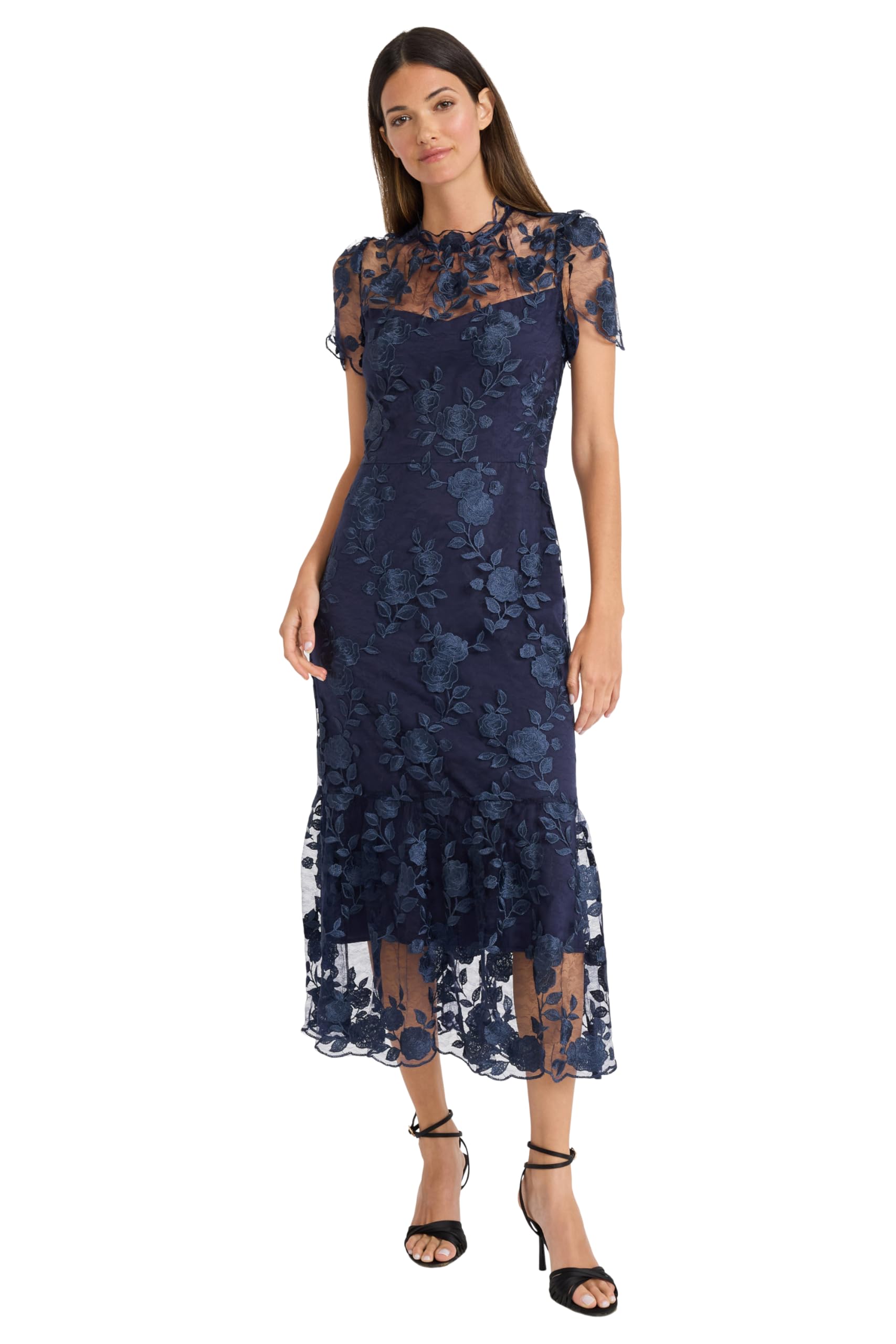 Maggy London Floral Embroidered Midi Dress for Women | High Neck Summer Cocktail Dress | Wedding Guest Dress | Perfect for Garden Parties & Formal Events