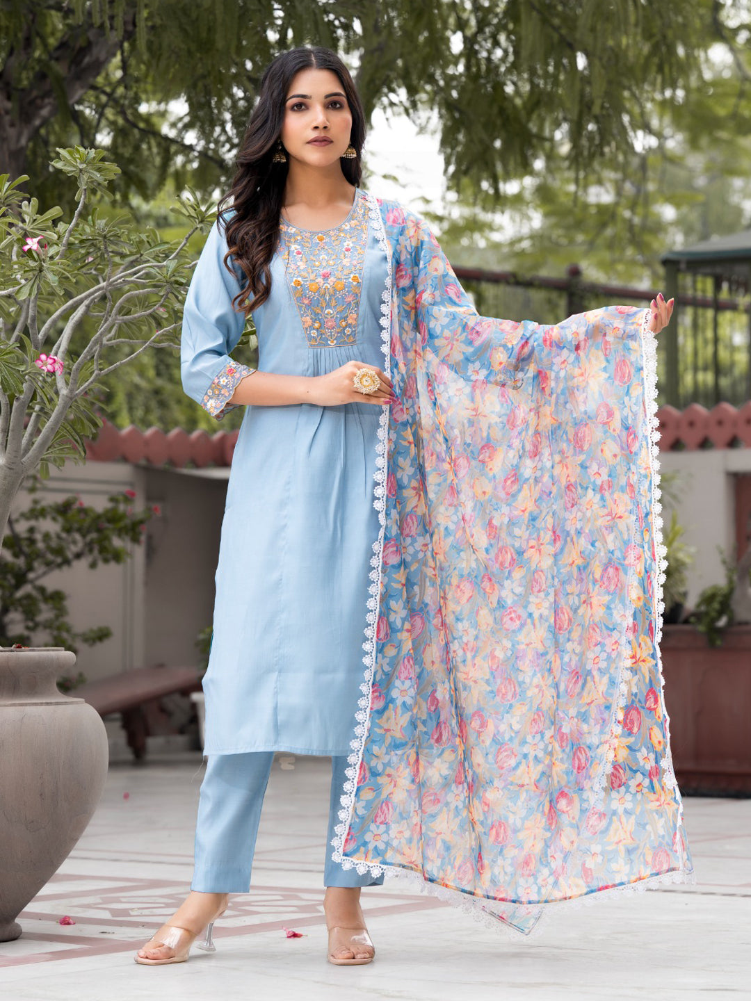 Blue Designer Ready-Made Pant Suit with Embroidery Work - Elegant Women's Formal Wear for Office, Parties & Special Occasions