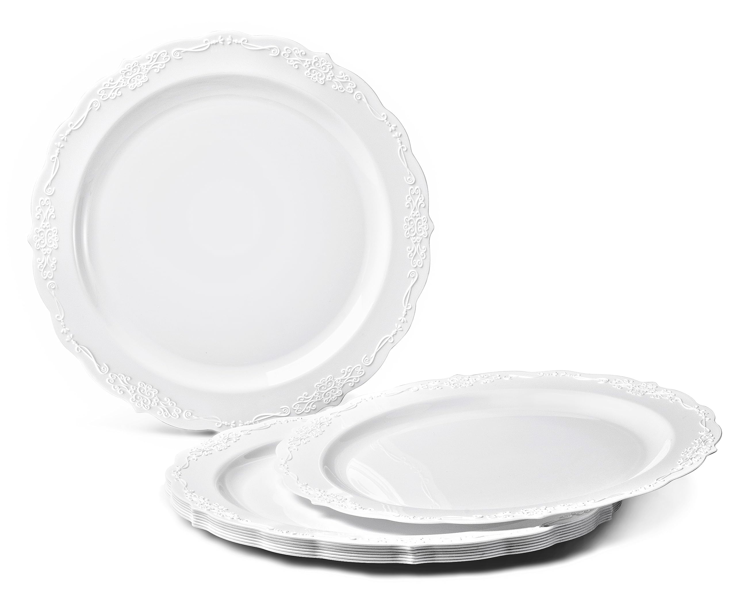 640-Piece Vintage Wedding Party Disposable Plastic Plates & Cutlery Set - 80 x 10'' Dinner Plates, 80 x 7.5'' Dessert Plates, Silverware, Cups & Napkins (Verona White) - Elegant Disposable Tableware for Weddings, Bridal Showers, Anniversaries & Special Events
