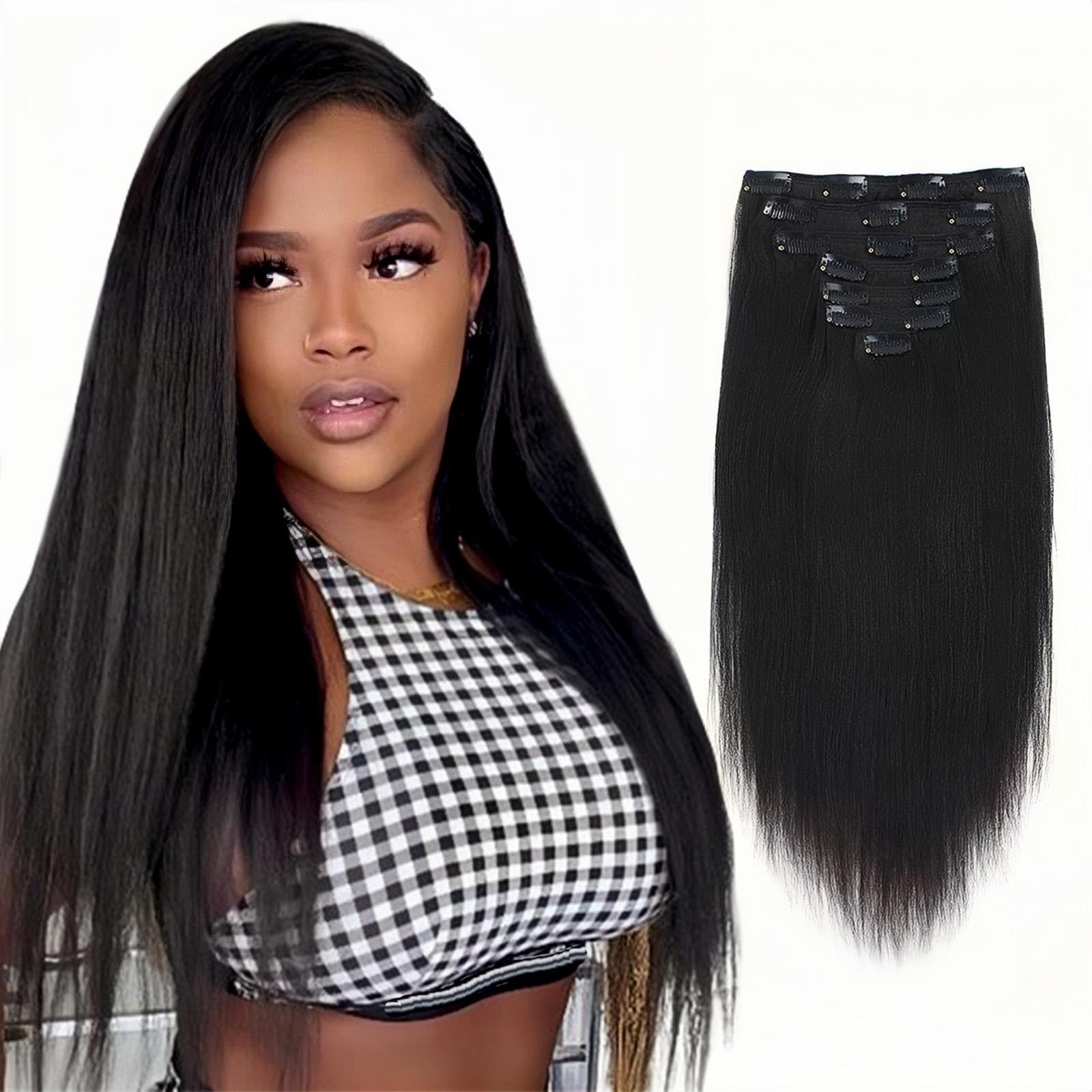 SixStarHair Yaki Straight Clip-In Hair Extensions 16 Inch - 120g Remy Human Hair (7-Piece Set) for Black Women | Relaxed Italian Yaki Texture | Perfect for Daily Styling, Special Occasions & Protective Hairstyles