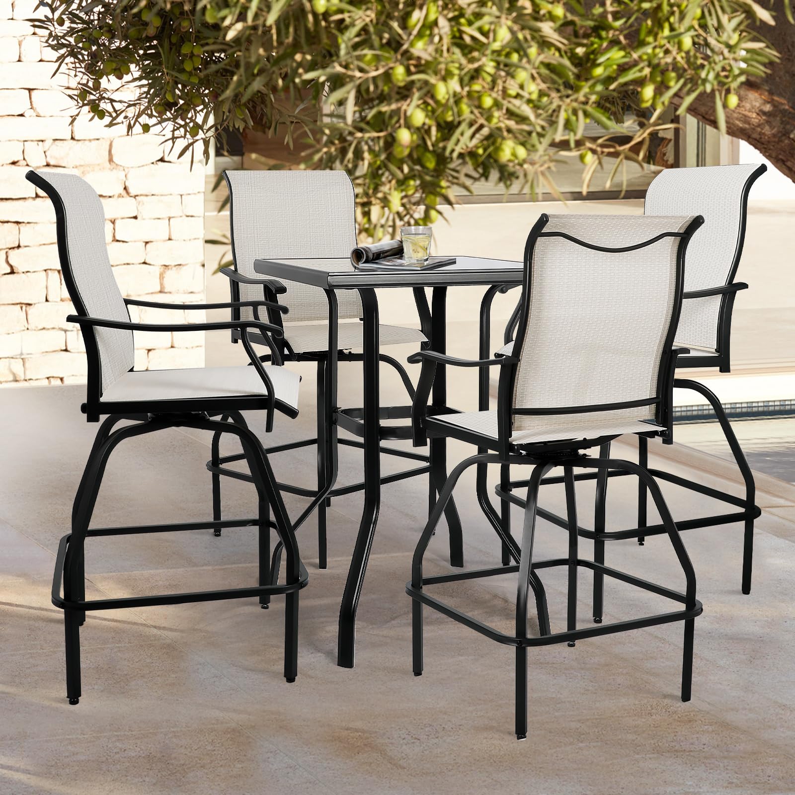 LEVELEVE 5-Piece Patio Bar Set with Swivel Bar Stools & Height-Adjustable Table - All-Weather Textilene Outdoor Bistro Furniture (Beige) for Backyard, Poolside & Garden Relaxation