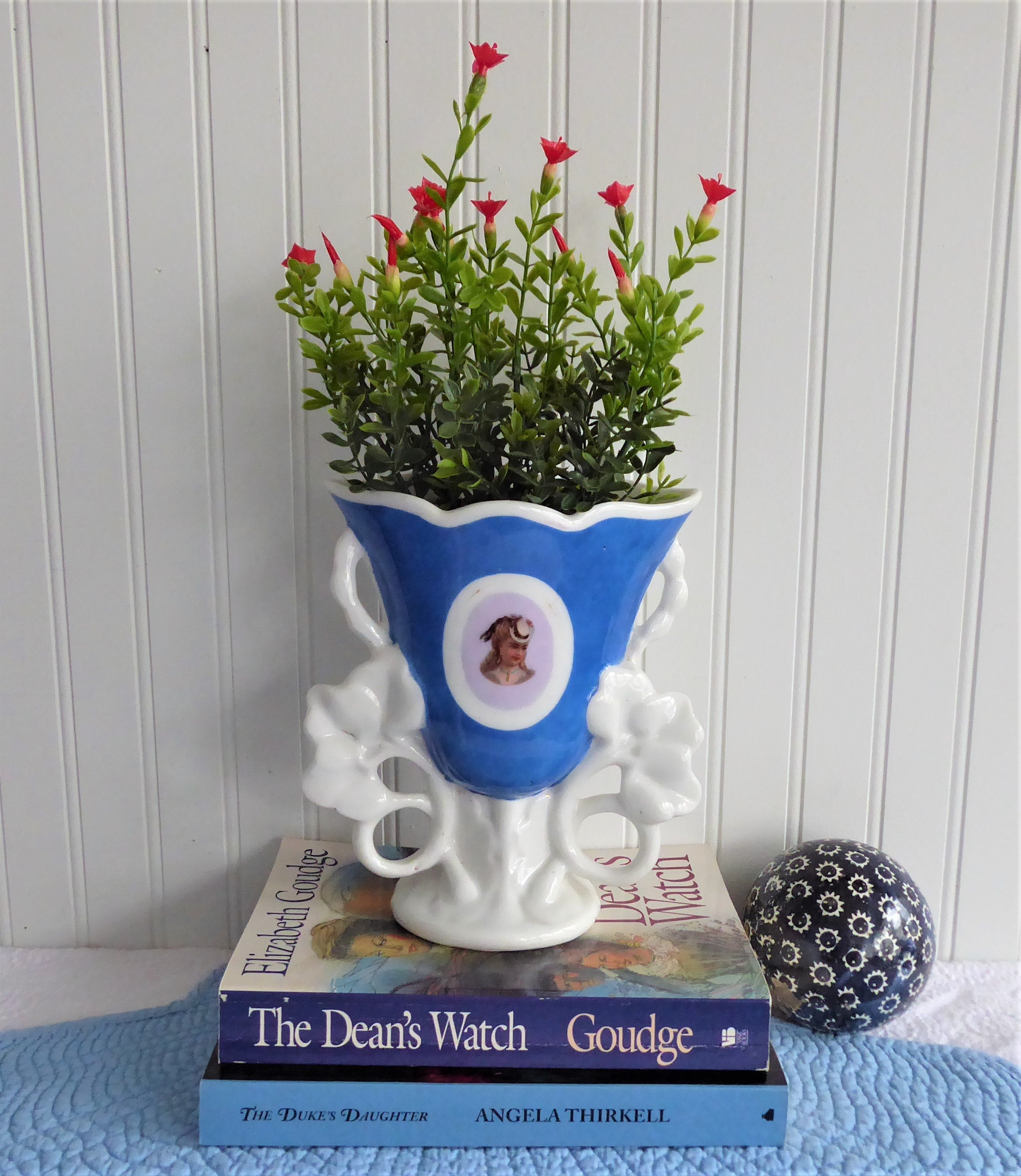 Antique Victorian Portrait Spill Vase - 1880s German Flatback Mantel Vase with Elegant Lady in Hat - Perfect for Fireplace Decor & Victorian Home Accents