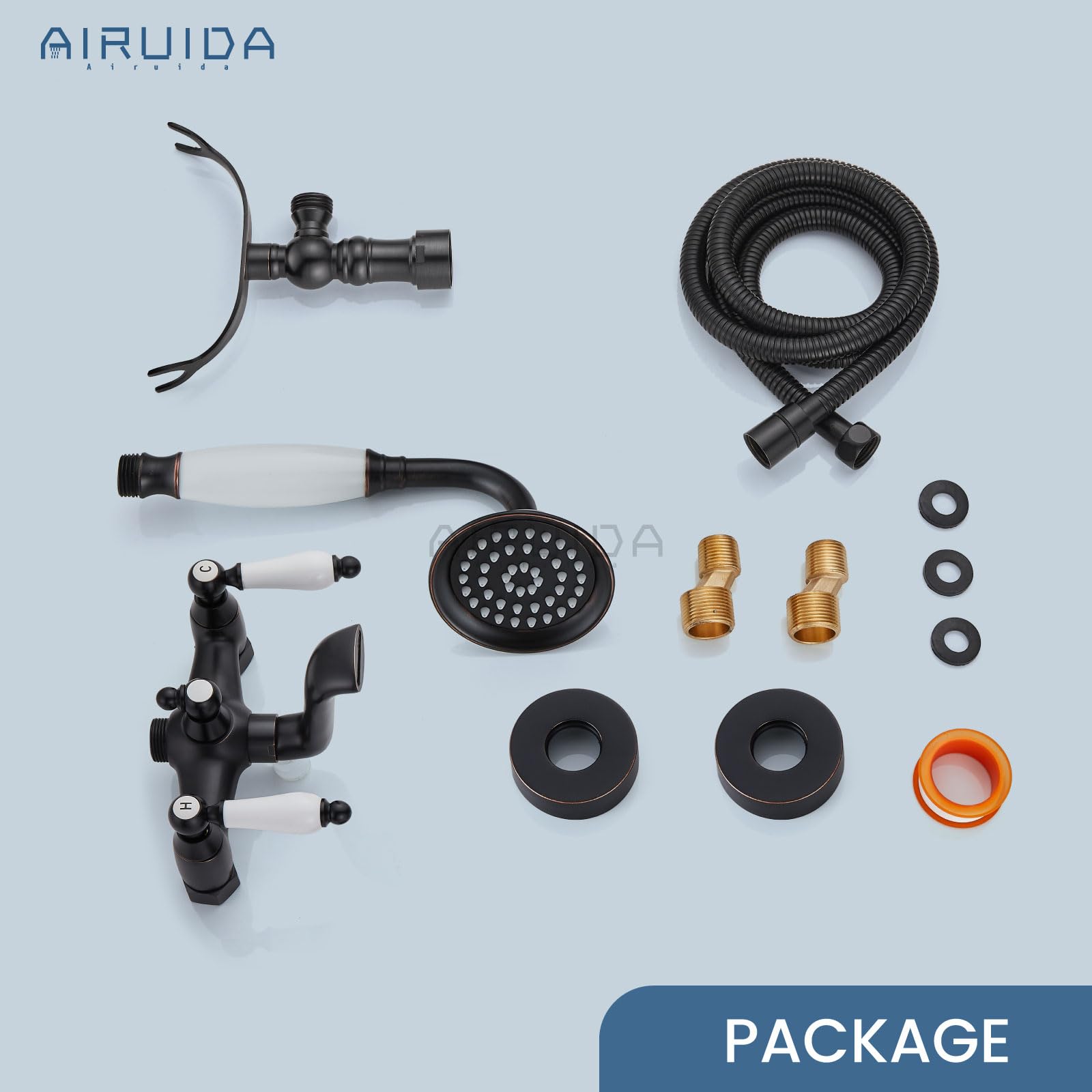 Oil Rubbed Bronze Wall Mount Tub Faucet with Telephone Shaped Handheld Shower Sprayer - Double Ceramic Lever Handles, Hot & Cold Water Mixer Tap - Perfect for Vintage & Industrial Style Bathrooms