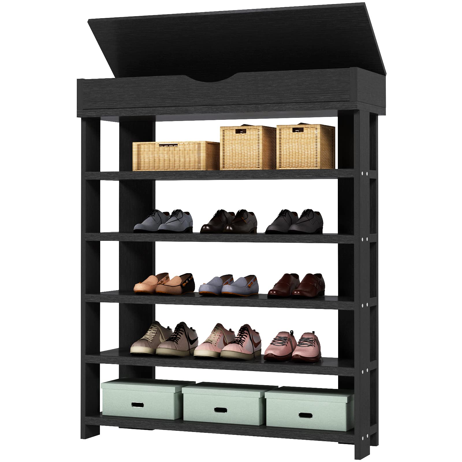 5-Tier Wooden Shoe Rack with Storage Cabinet - 29.5 Inch Vertical Free Standing Shoe Organizer for Entryway, Living Room, Hallway | Space Saving Shoe Shelf for Small Spaces | Sturdy Shoe Storage Cabinet for Home & Apartment (Black)