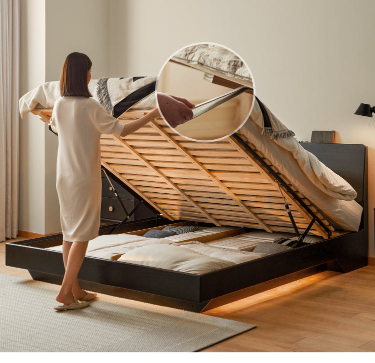 Solid Oak Wood Floating Platform Bed with LED Lights - Modern Smoky Finish for Bedroom, Guest Room, or Studio Apartment