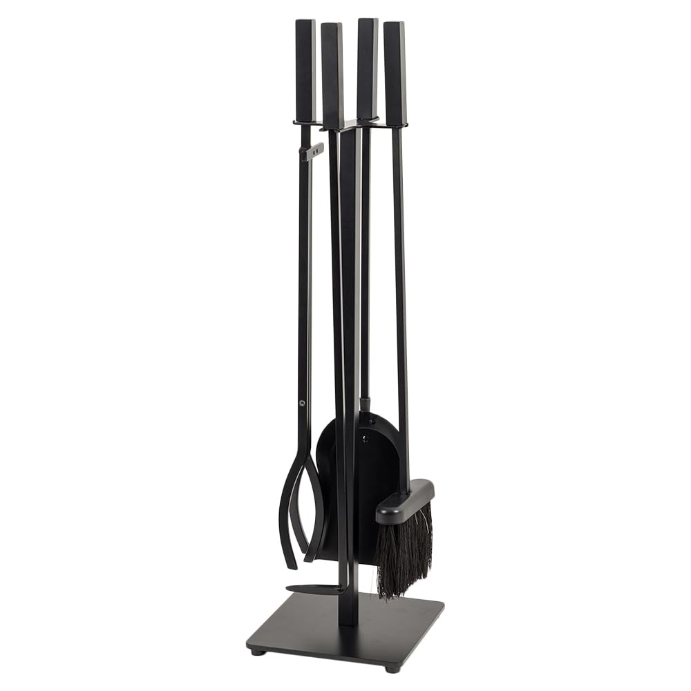 Modern Ember Harriet 5-Piece Black Fireplace Tool Set with Brush, Shovel, Poker & Tongs - Heavy Duty Steel Construction with Heat-Resistant Powder Coating - Perfect for Fireplace Maintenance, Wood Stove Accessories & Home Decor