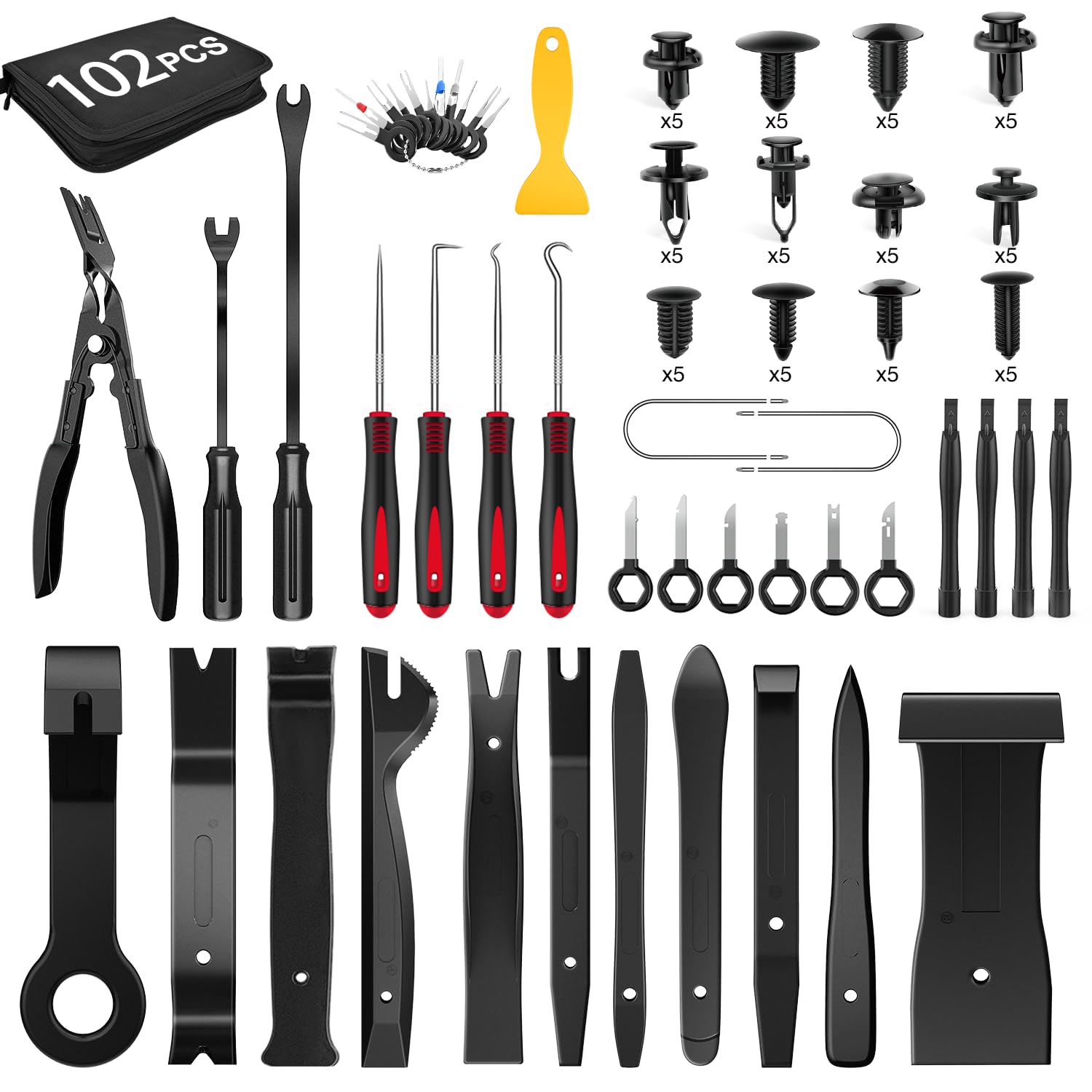 GOOACC 102Pcs Auto Trim Removal Tool Kit - Nylon Bumper Retainer Clip Set, Push Pin Fastener & Terminal Remover with Round Handle for Car Radio/Dashboard Panel (Black) | Perfect for Car Interior Repair & DIY Auto Detailing