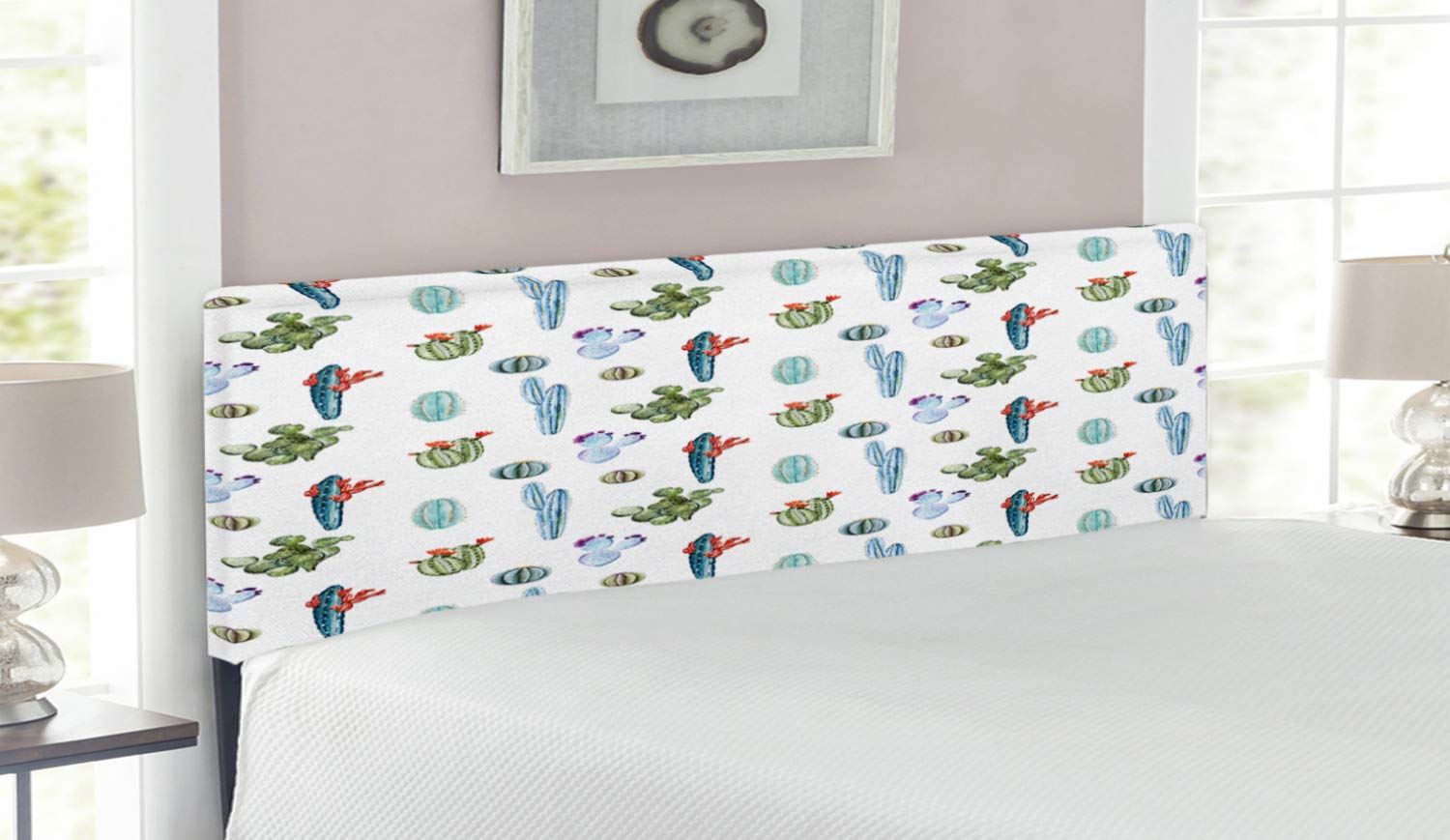 Ambesonne Queen Size Upholstered Metal Bed Headboard with Memory Foam - Watercolor Cactus & Bohemian Design, Multicolor Indigenous Plant Decor | Perfect for Boho Bedroom, Guest Room & Dorm Decor
