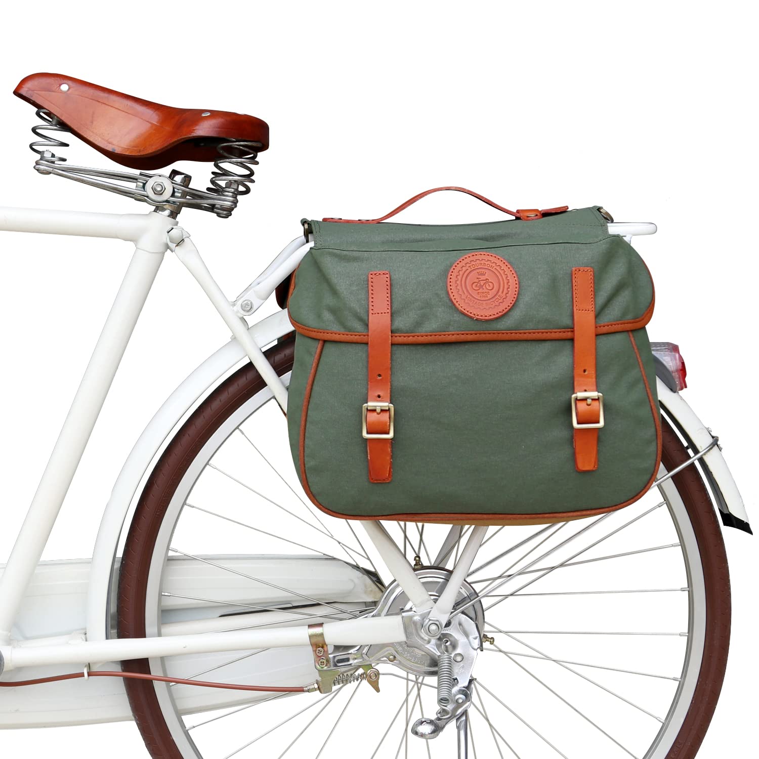 TOURBON Waterproof Bike Pannier Bags - Durable Canvas & Leather Bicycle Rear Rack Tail Bag for Commuting, Touring & Outdoor Adventures
