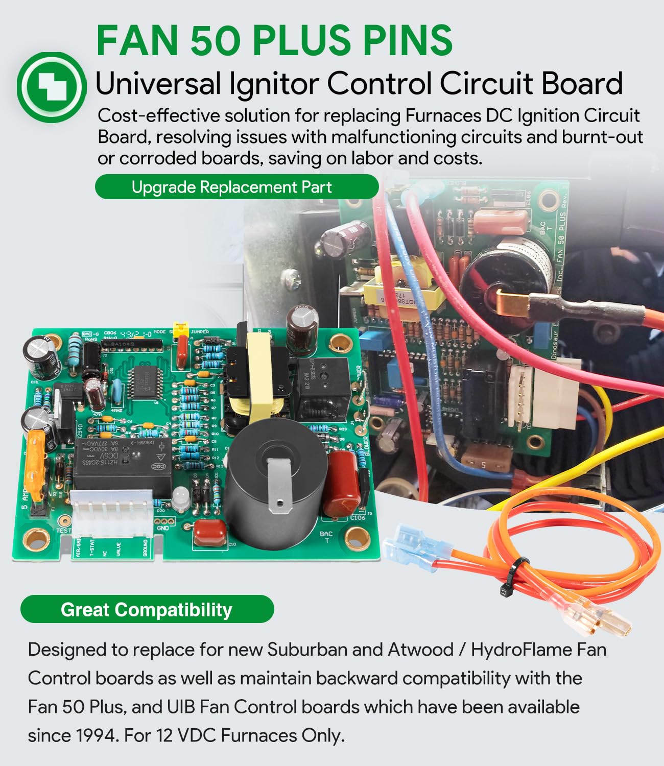 Universal 12V DC Ignitor Control Circuit Board with Fan Control - FAN50PLUS - Compatible with Suburban & Atwood/HydroFlame RV Furnaces - Perfect for RV Heating System Repairs and Maintenance
