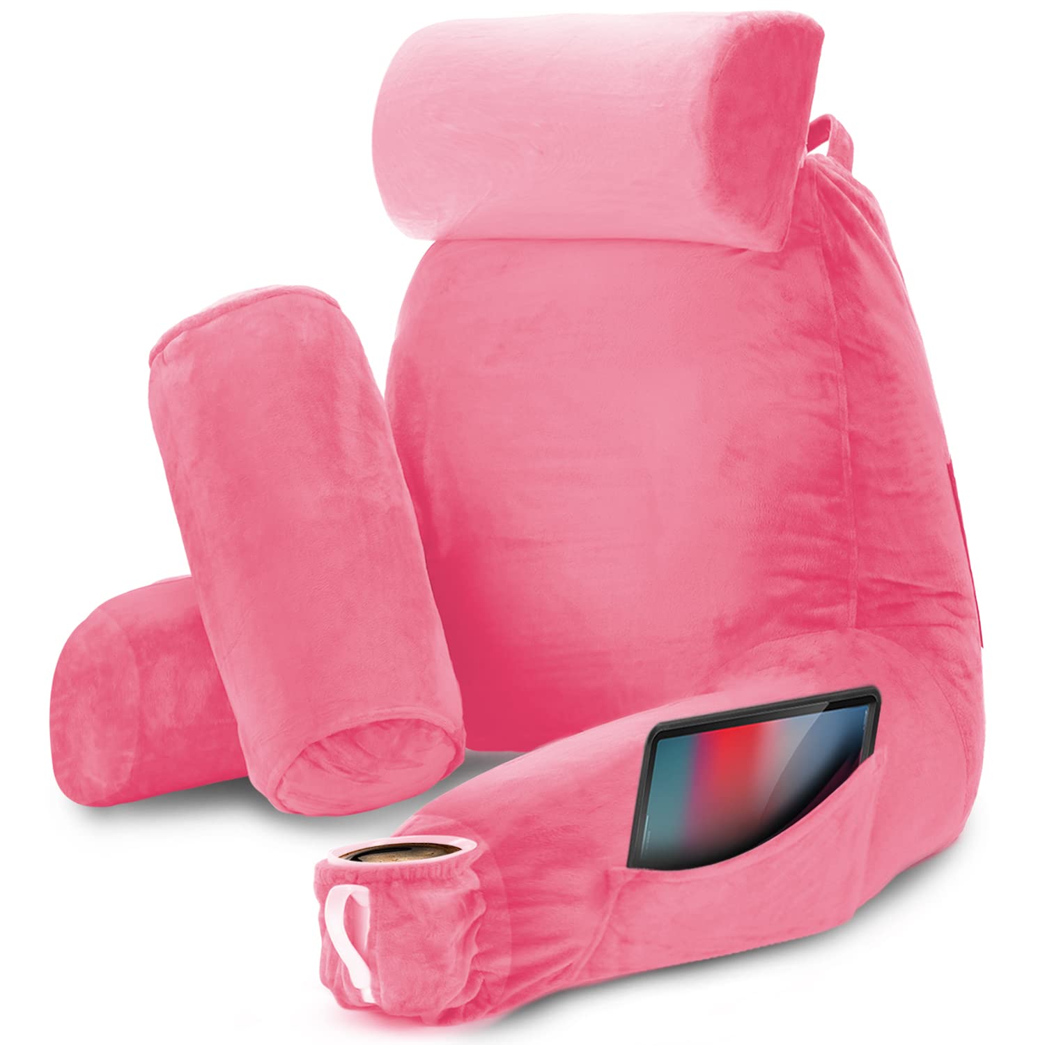 Nestl Large Reading Pillow with Shredded Memory Foam - Back Support Pillow for Sitting in Bed, Armchair or Sofa - Light Pink Bed Rest Pillow with Pockets - Perfect for Reading, Watching TV, or Relaxing in Bed
