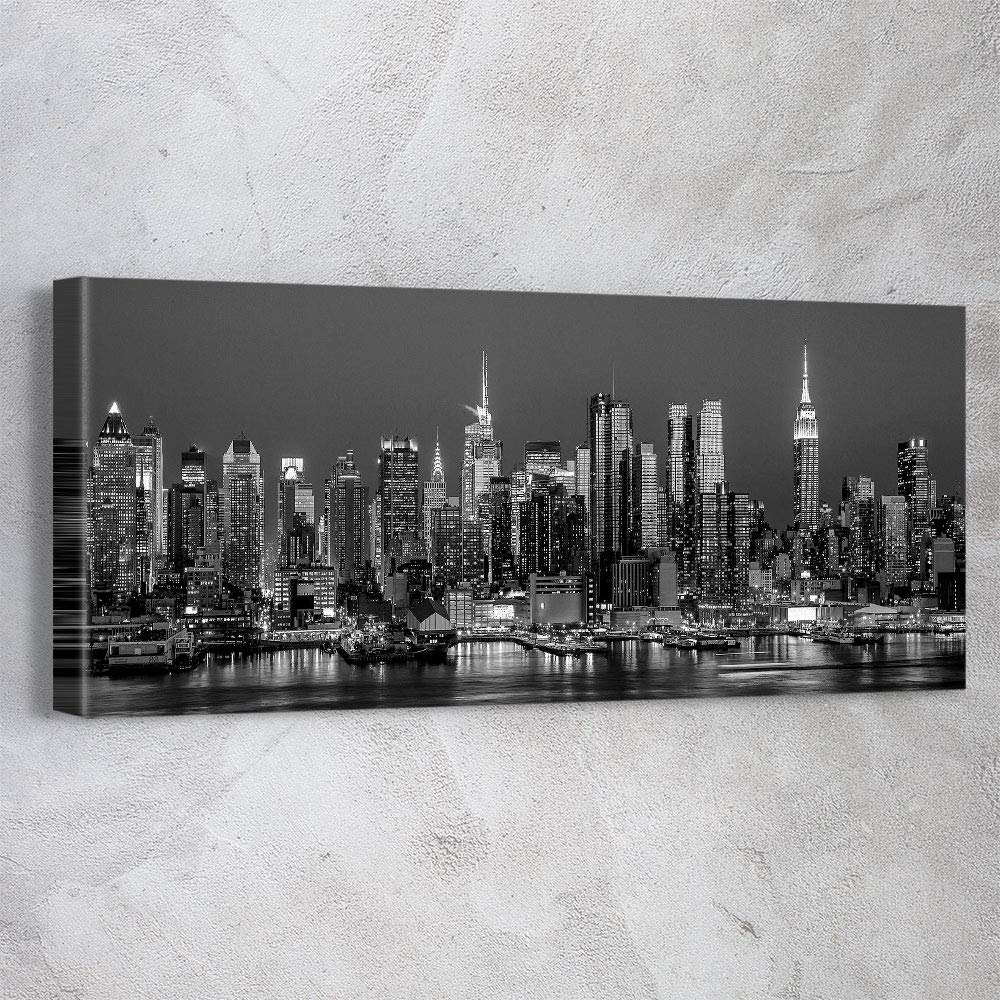 New York City Skyline Panoramic Canvas Wall Art - Black & White NYC Skyline Print, Office & Home Decor, Ready to Hang, Made in USA (45