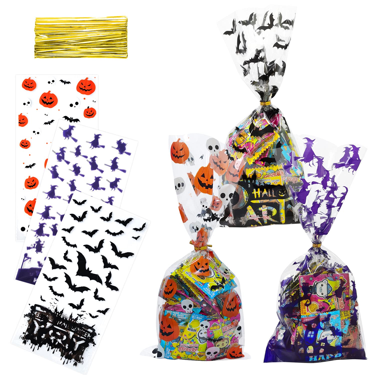 150 Pcs Halloween Treat Bags - Cellophane Witch Bat & Pumpkin Candy Bags for Kids Party Favors, Trick or Treat, Classroom Prizes and Halloween Goodie Bags