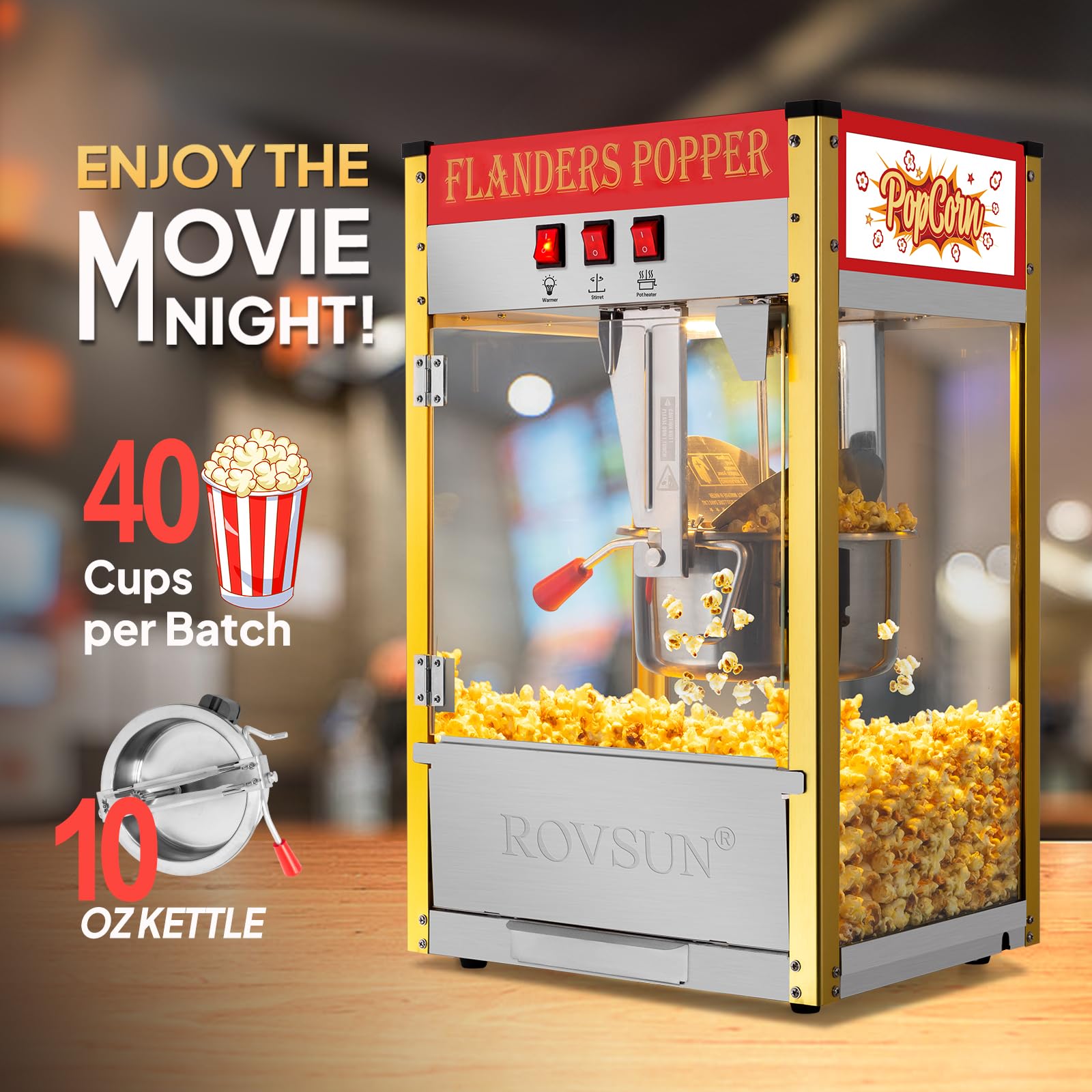 ROVSUN 10 Ounce Commercial Popcorn Machine - Makes 4 Gallons, Countertop Popcorn Popper with Stainless Steel Scoop, Oil Spoon & 3 Cups - Perfect for Movie Nights, Parties, and Carnival Snack Stands (Red)