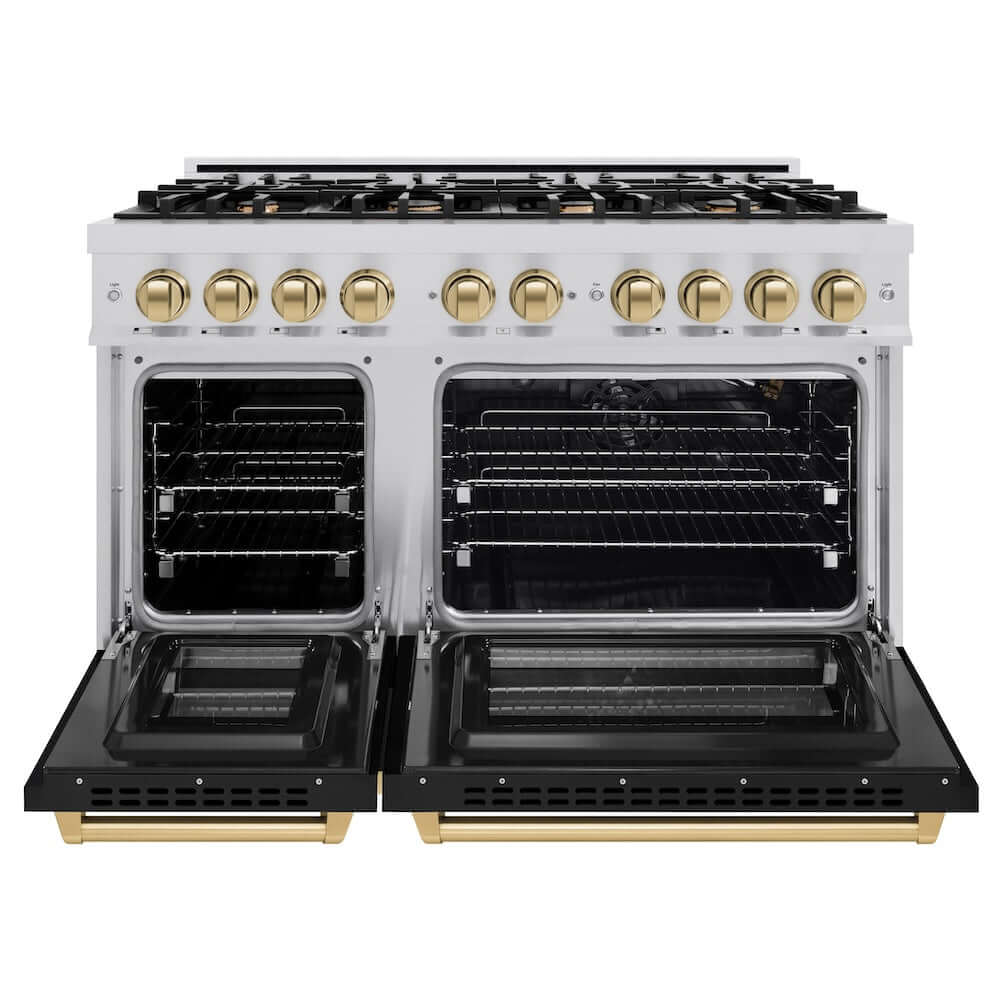 ZLINE Autograph Edition 48-Inch 6.7 cu. ft. Professional Double Oven Gas Range with 8 Burner Cooktop - Stainless Steel with Black Matte Doors & Champagne Bronze Accents (HGRZ BLM 48 CB) - Perfect for Large Kitchens, Home Chefs & Entertaining