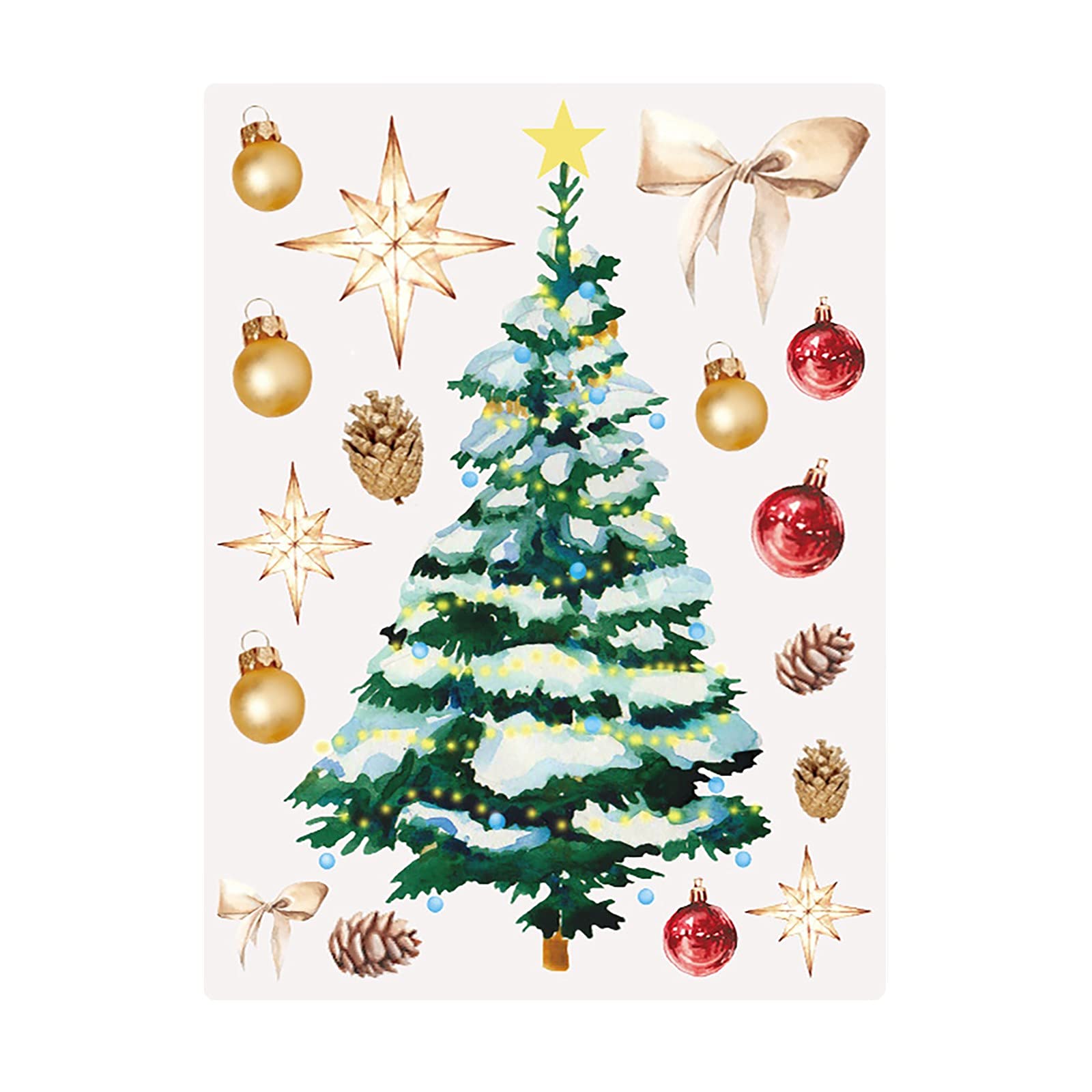 Golden Window Christmas Snowflake Bow Tree Watercolor Wall Sticker - Apartment Decor for Men, Holiday Bathroom Stickers, Perfect for Bedroom, Living Room & Office Wall Decoration