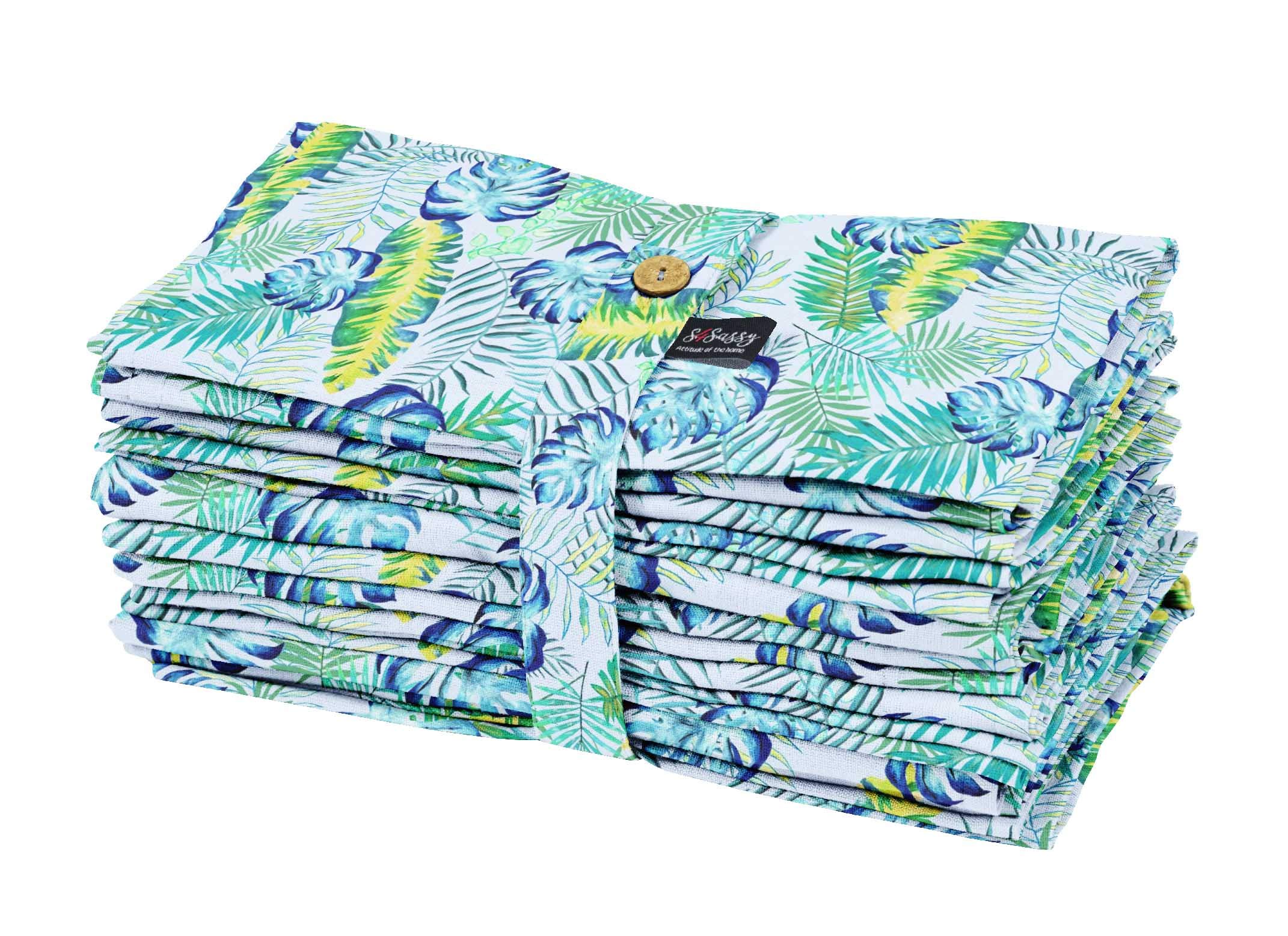 Premium 18x18 Inch Tropical Blue Leaf Pattern Table Cloth & Cocktail Napkins Set (Pack of 12) - Waterproof Kitchen & Dining Decor for Parties, Holidays, Weddings & Home Entertaining