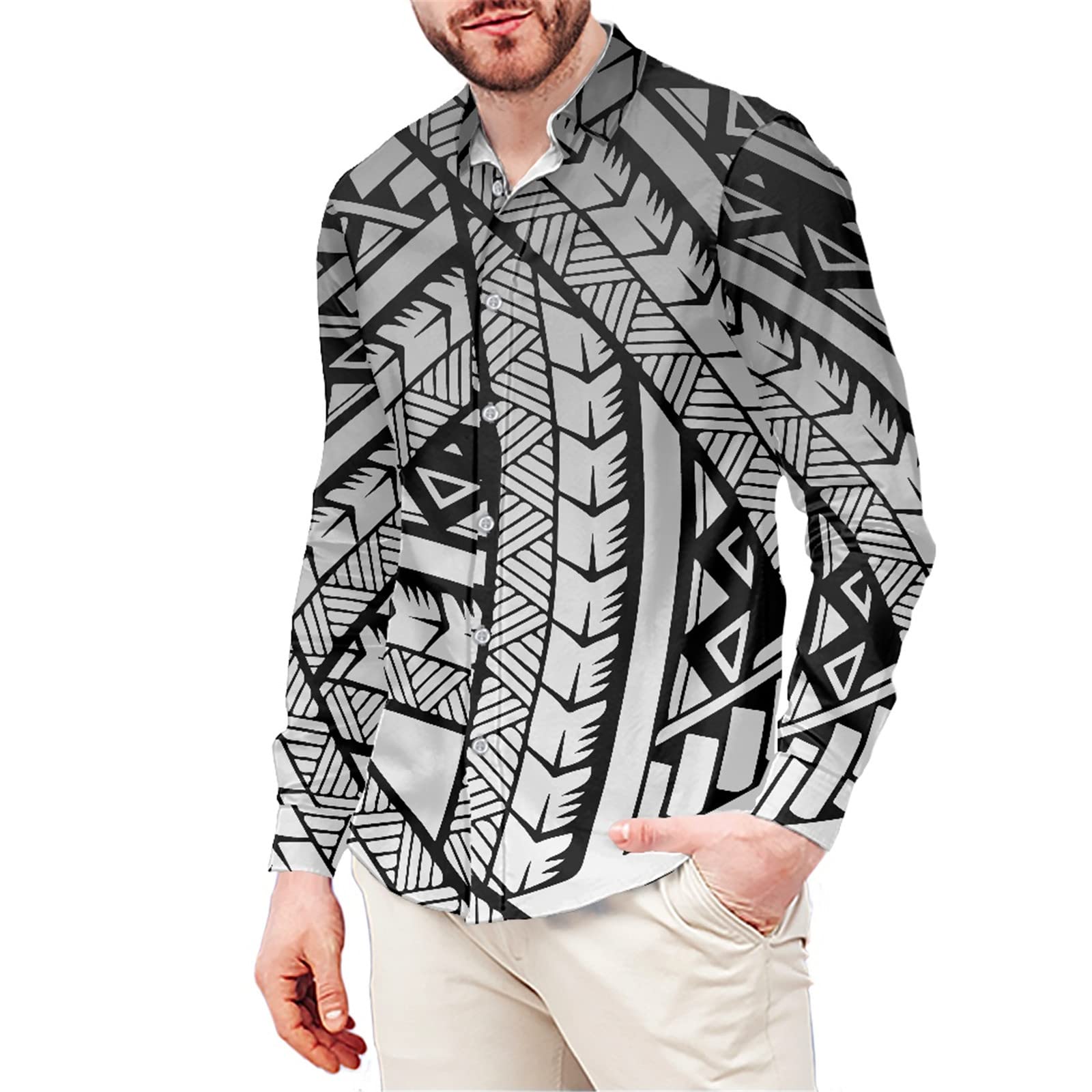 Polynesian Tribal Print Men's Long Sleeve Button Down Dress Shirt - Yellow Polyester Casual & Formal Shirt for Beach Parties, Office Wear & Tropical Vacations