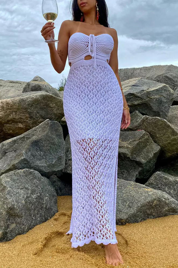 Elegant Sunset Beach Stroll Knit Texture Cutout Detail Halter Stretch Maxi Dress - Perfect for Summer Vacations, Beach Weddings & Boho Chic Outfits