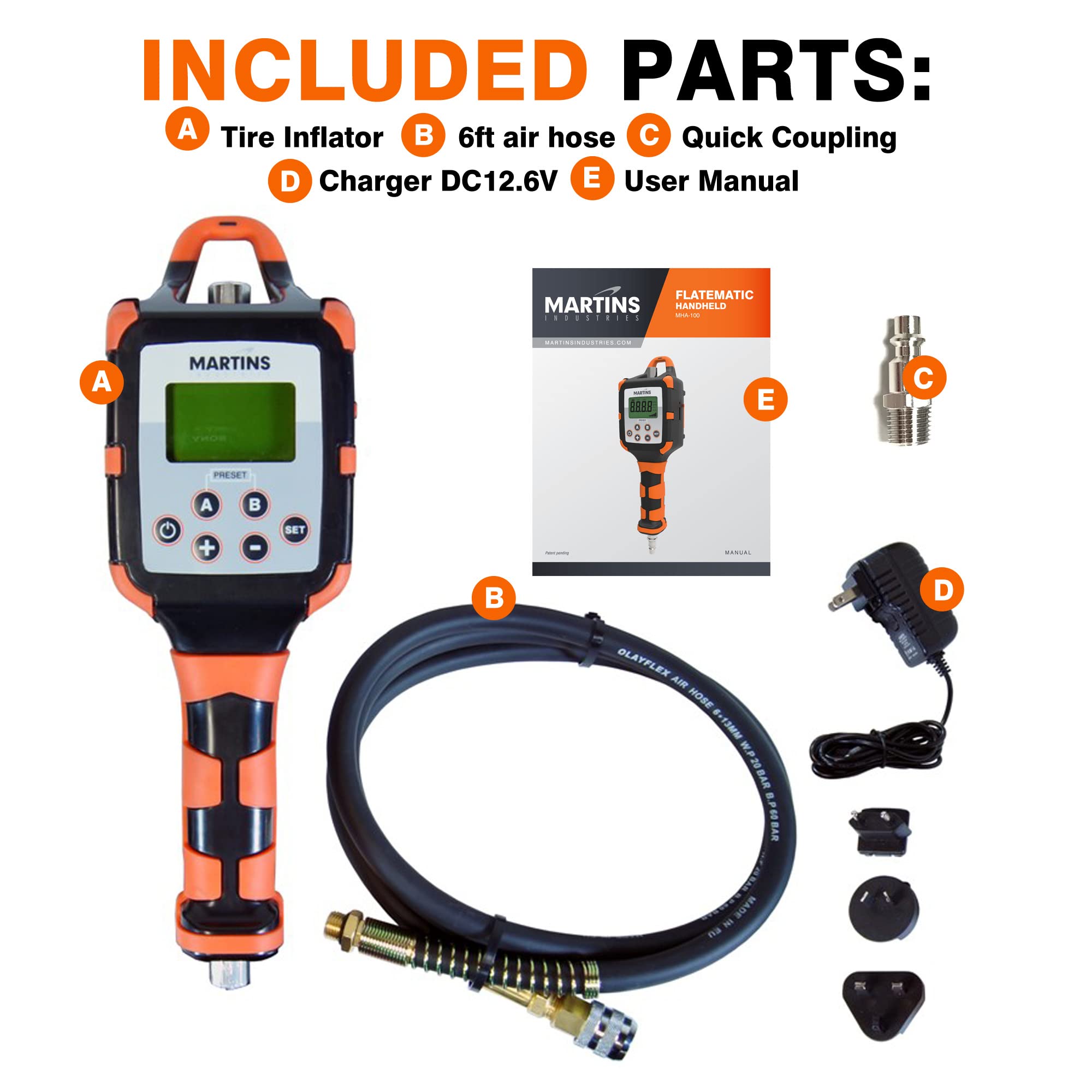 Martins Industries Flatematic Handheld Automatic Tire Inflator - 12V Portable Air Compressor for Cars, Bikes & Motorcycles - Up to 174 PSI with Auto Shutoff - Rechargeable Lithium-ion Battery - Perfect for Road Trips, Emergency Flat Tires & Garage Use