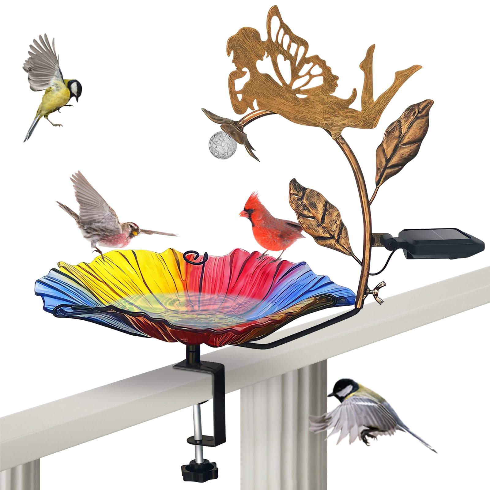 Solar Glass Colored Bird Bath - 19.5 Inch Deck Mounted Birdbath with Adjustable Steel Clamp (2.7 Inch) - Detachable Fence & Balcony Railing Bird Feeder for Outdoor Garden, Patio & Backyard Decor