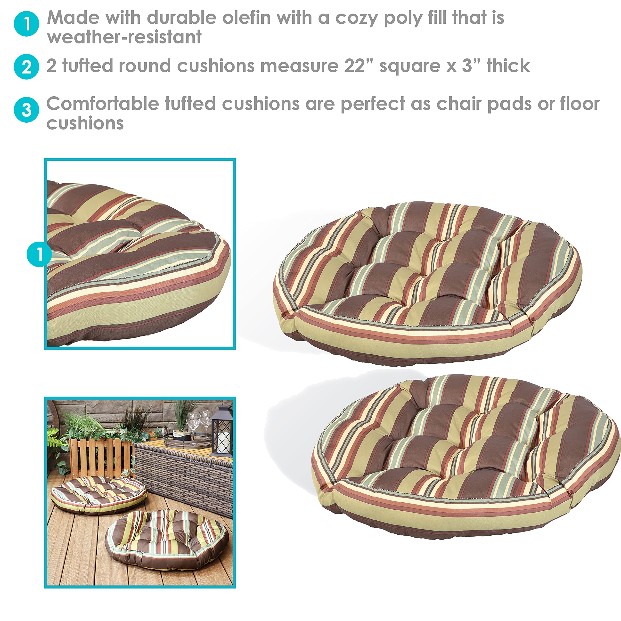 Sunnydaze Tufted Large Round Floor Cushion Set of 2 - 22-Inch Diameter Indoor/Outdoor Chair Cushions & Meditation Pillows - 300D Olefin with Polyester Fill - Chocolate Stripes - Perfect for Patio Lounging, Yoga, and Cozy Home Decor