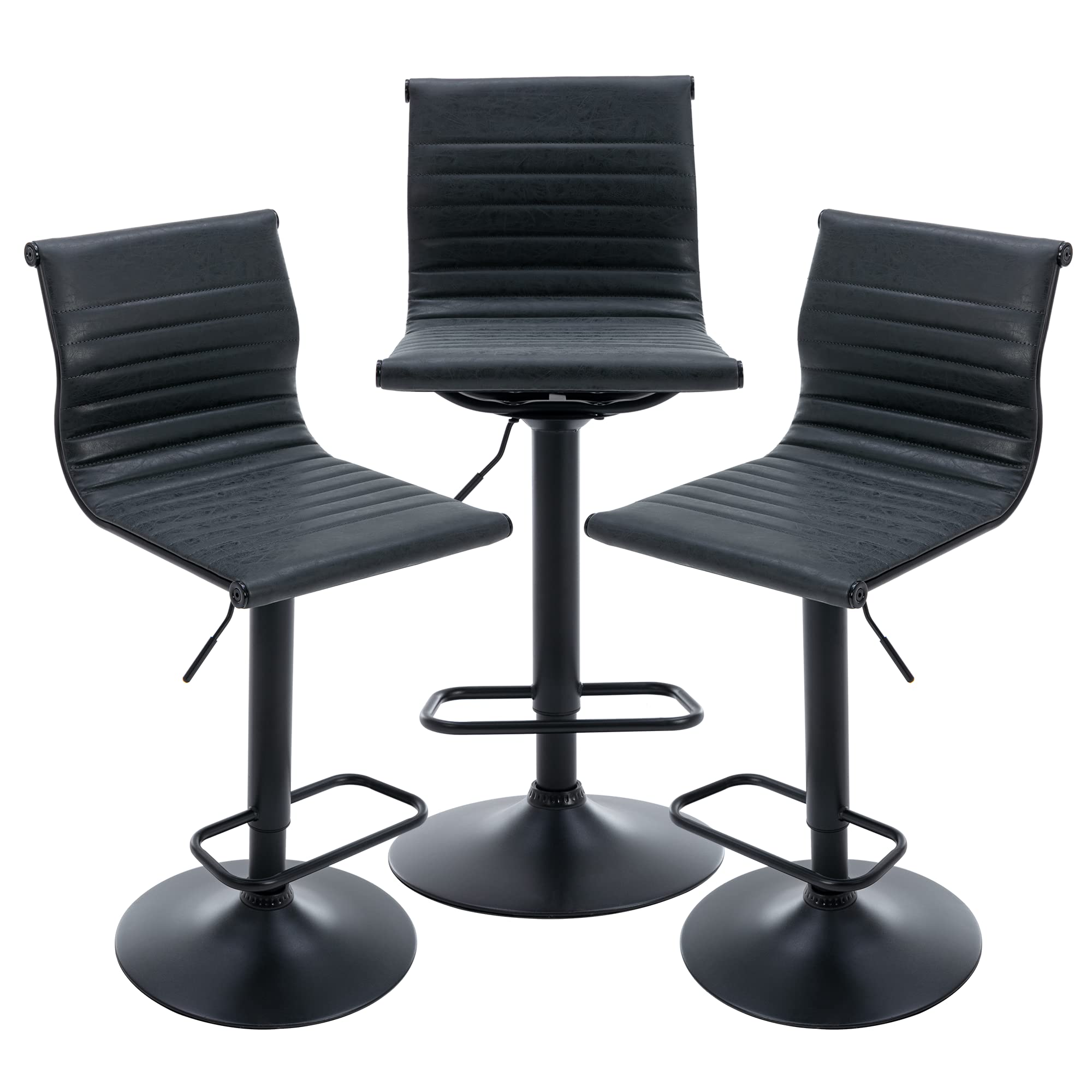 Modern Swivel Bar Stools Set of 3 - Adjustable Counter Height PU Leather Stools with Footrest & Back Handle - Armless Barstools for Kitchen Island, Living Room, Dining Area - Black Base (3PCS) - Perfect for Home Bars, Breakfast Nooks & Entertainment Spaces