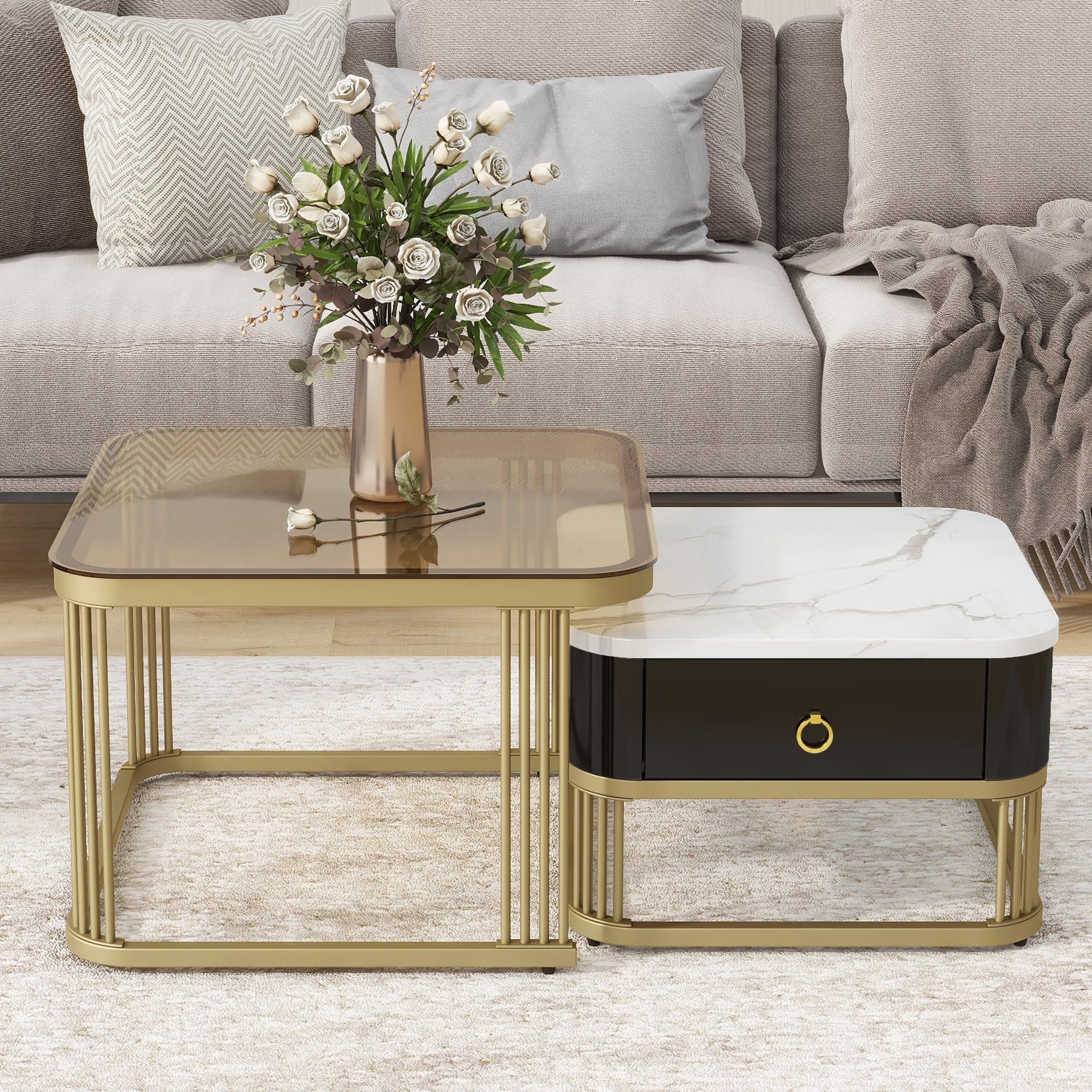 LUSPAZ 2-Piece Nesting Coffee Table Set with Drawer - Square Stackable Side Tables with Brown Tempered Glass & High Gloss Marble Grain Tabletop - Modern Living Room Furniture for Small Spaces, Apartments & Home Decor