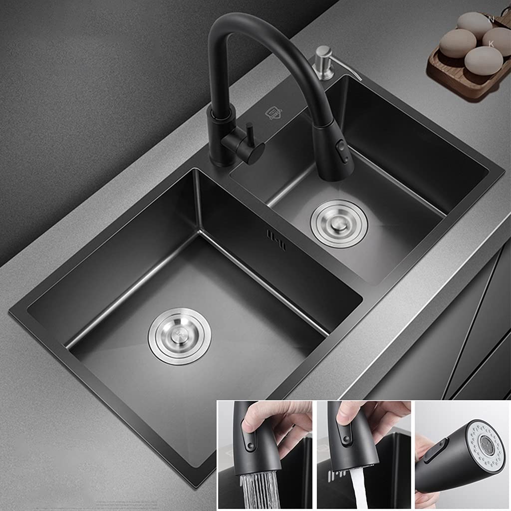 Black Stainless Steel Kitchen Sink with Faucet - Large Capacity Double Basin Nano Sink with Drain & Soap Dispenser - Perfect for Modern Homes & Restaurant Kitchens