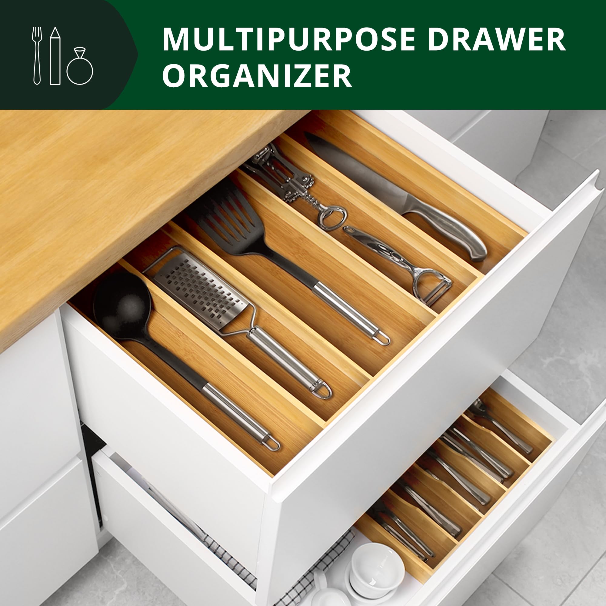 Premium Bamboo Kitchen Drawer Organizer - Silverware & Utensil Holder with Adjustable Dividers | Cutlery Tray for Flatware, Knives, Spoons | Ideal for Home Kitchen Organization & Dining Room Storage