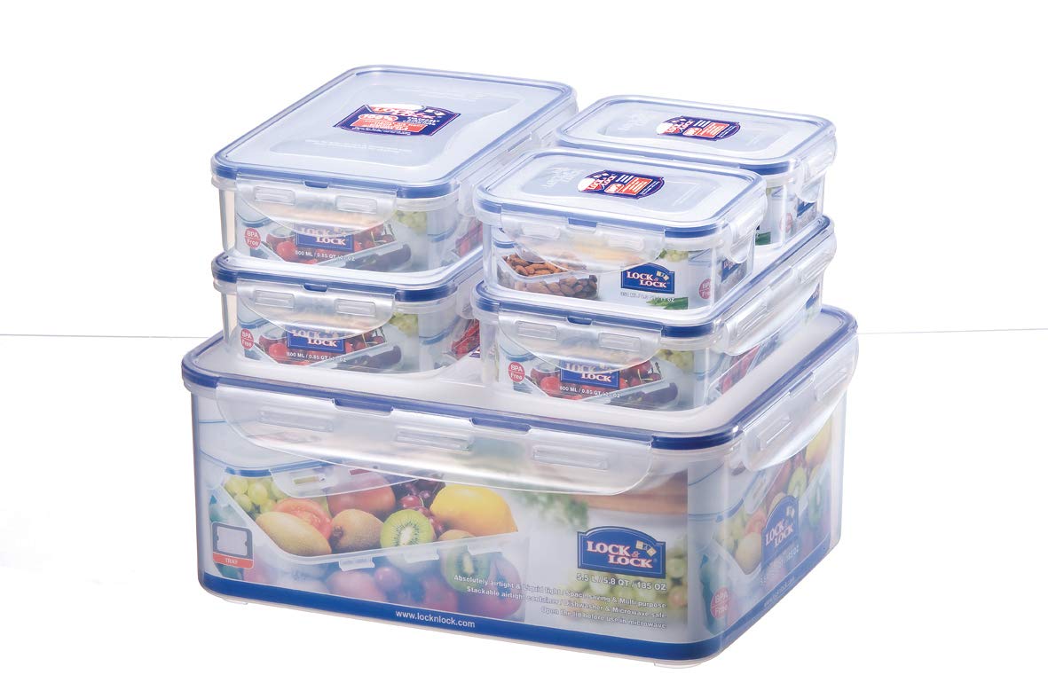 LOCK & LOCK HPL836SB 6-Piece Airtight Food Storage Container Set - Clear & Blue BPA-Free Plastic Kitchen Organizers for Pantry, Fridge & Meal Prep